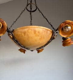 Antique Alabaster Chandelier / Pendant w. Bronze goddess Sculptures & Shades