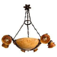 Antique Alabaster Chandelier / Pendant w. Bronze goddess Sculptures & Shades