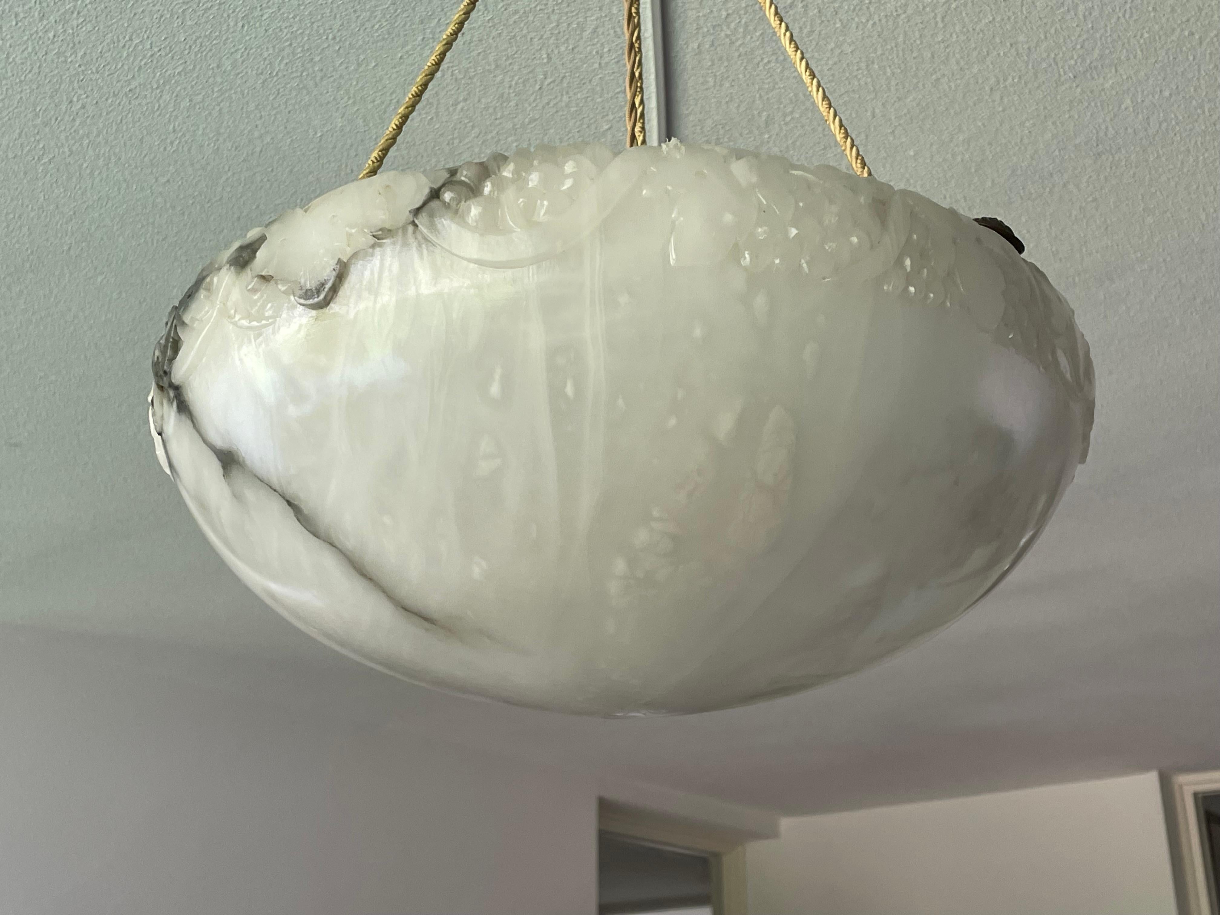 French Antique Alabaster Chandelier / Pendant w. Stunning Translucent Veins & Patches  For Sale