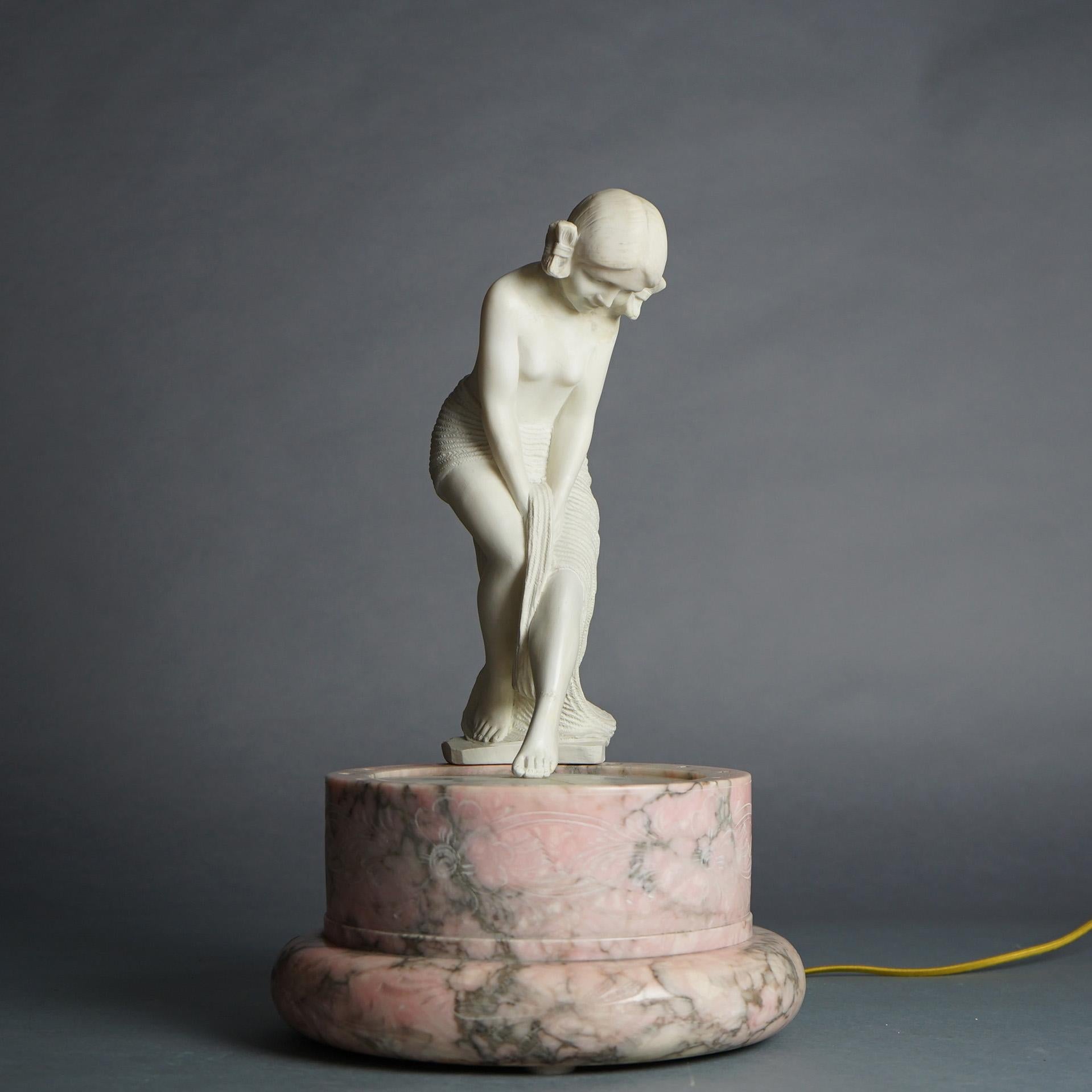 Antique Alabaster Female Nude Bather on Rose Marble Base, Lighted, Signed Galastri, C1900

Measures- 17.75''H x 10.75''W x 10.75''D