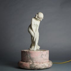 Antique Alabaster Female Nude Bather on Rose Marble Base, Lighted, C1900