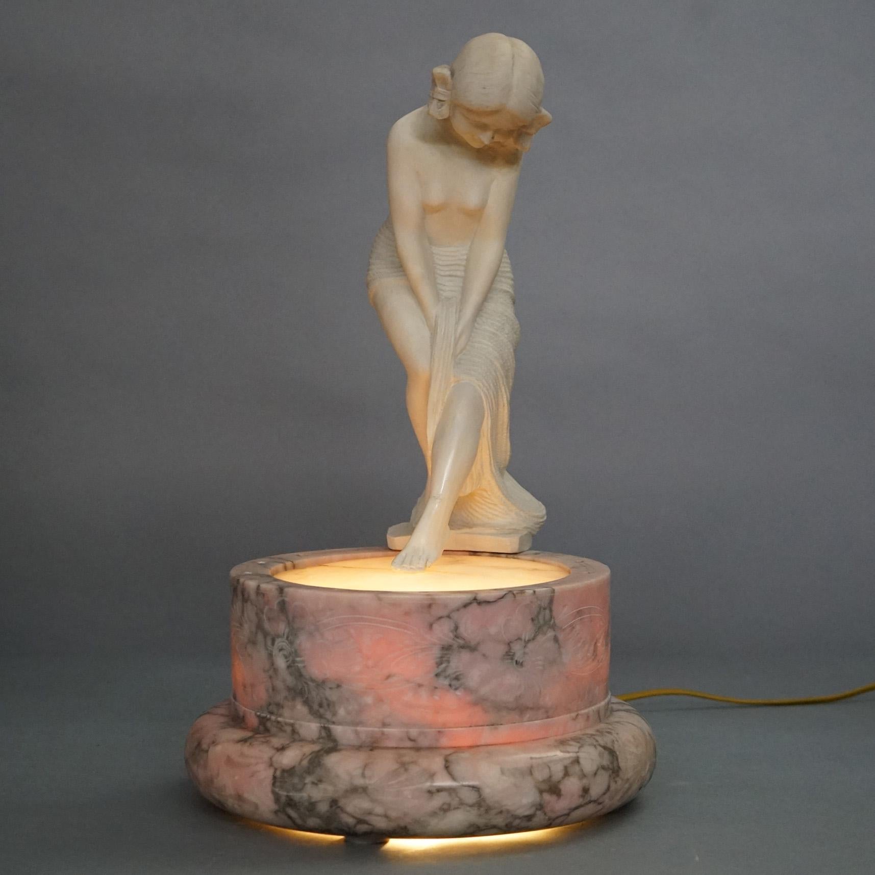 Italian Antique Alabaster Female Nude Bather on Rose Marble Base, Lighted, C1900 For Sale