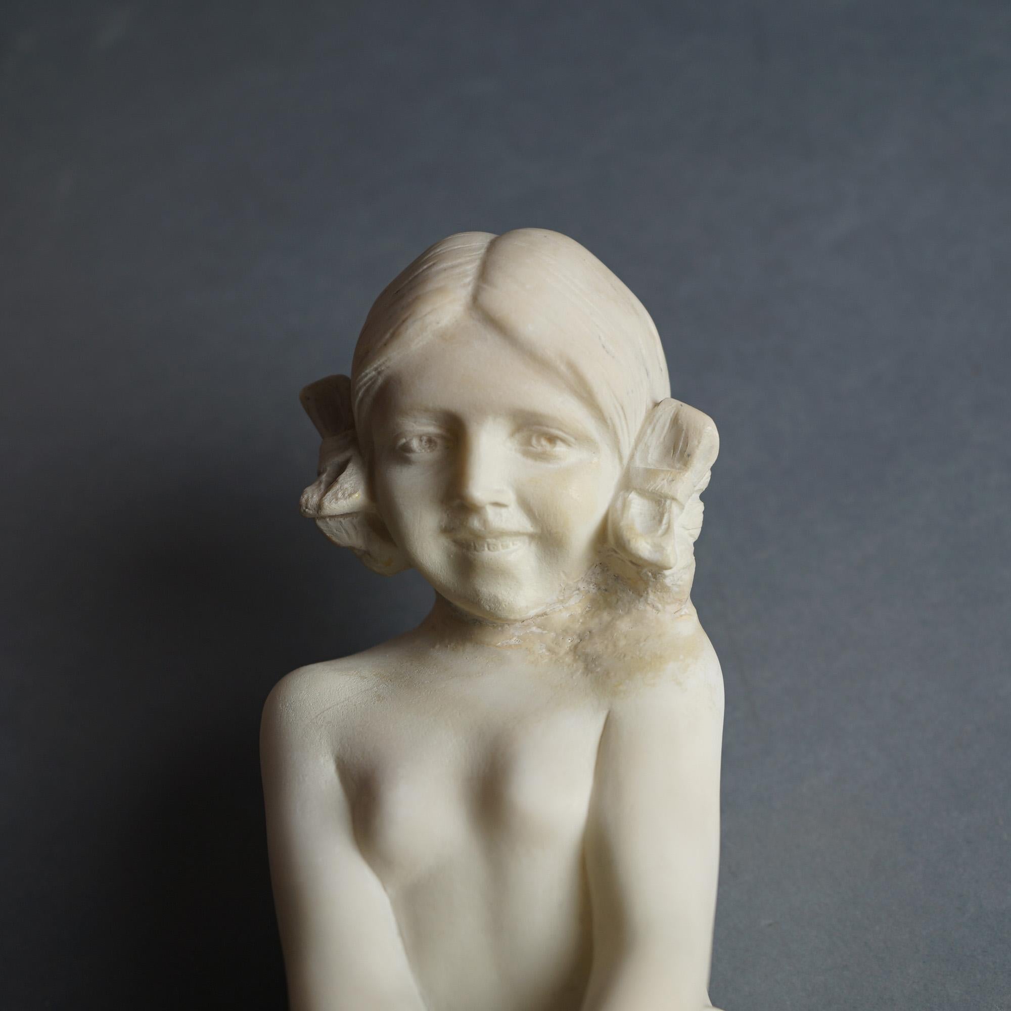 Antique Alabaster Female Nude Bather on Rose Marble Base, Lighted, C1900 In Good Condition In Big Flats, NY