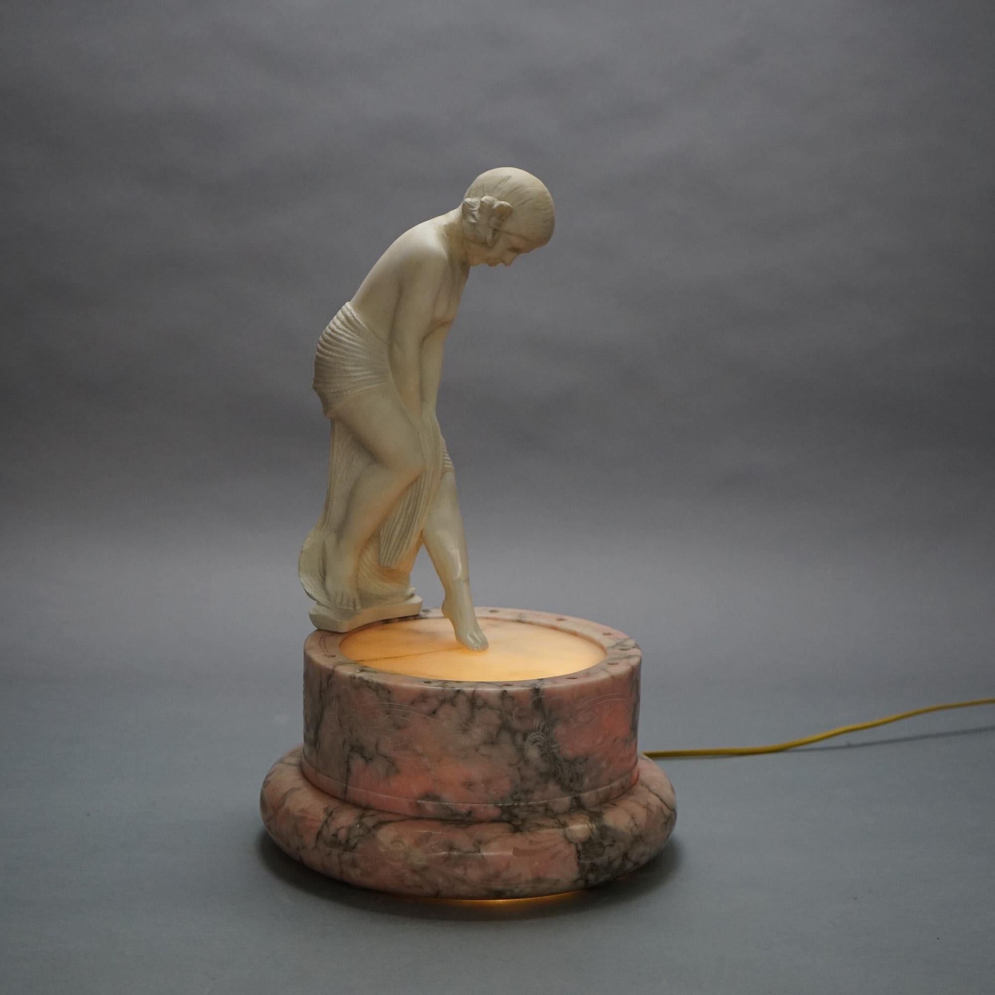 20th Century Antique Alabaster Female Nude Bather on Rose Marble Base, Lighted, C1900 For Sale
