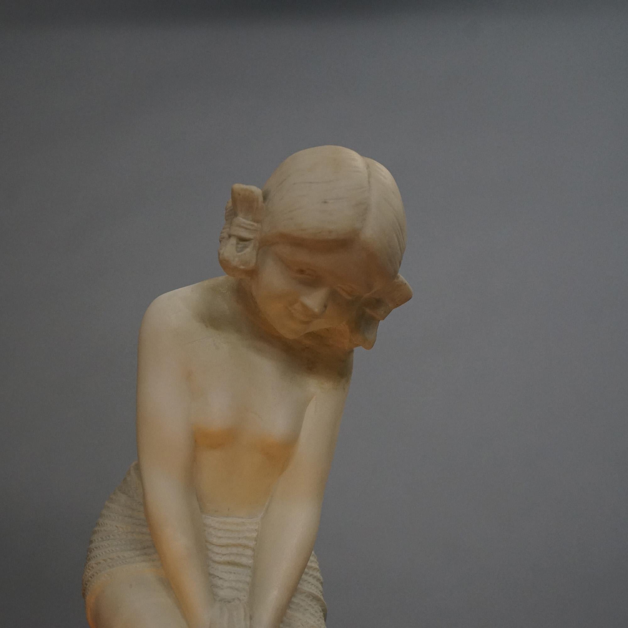 Antique Alabaster Female Nude Bather on Rose Marble Base, Lighted, C1900 For Sale 1