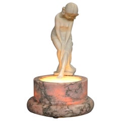 Antique Alabaster Female Nude Bather on Rose Marble Base, Lighted, C1900