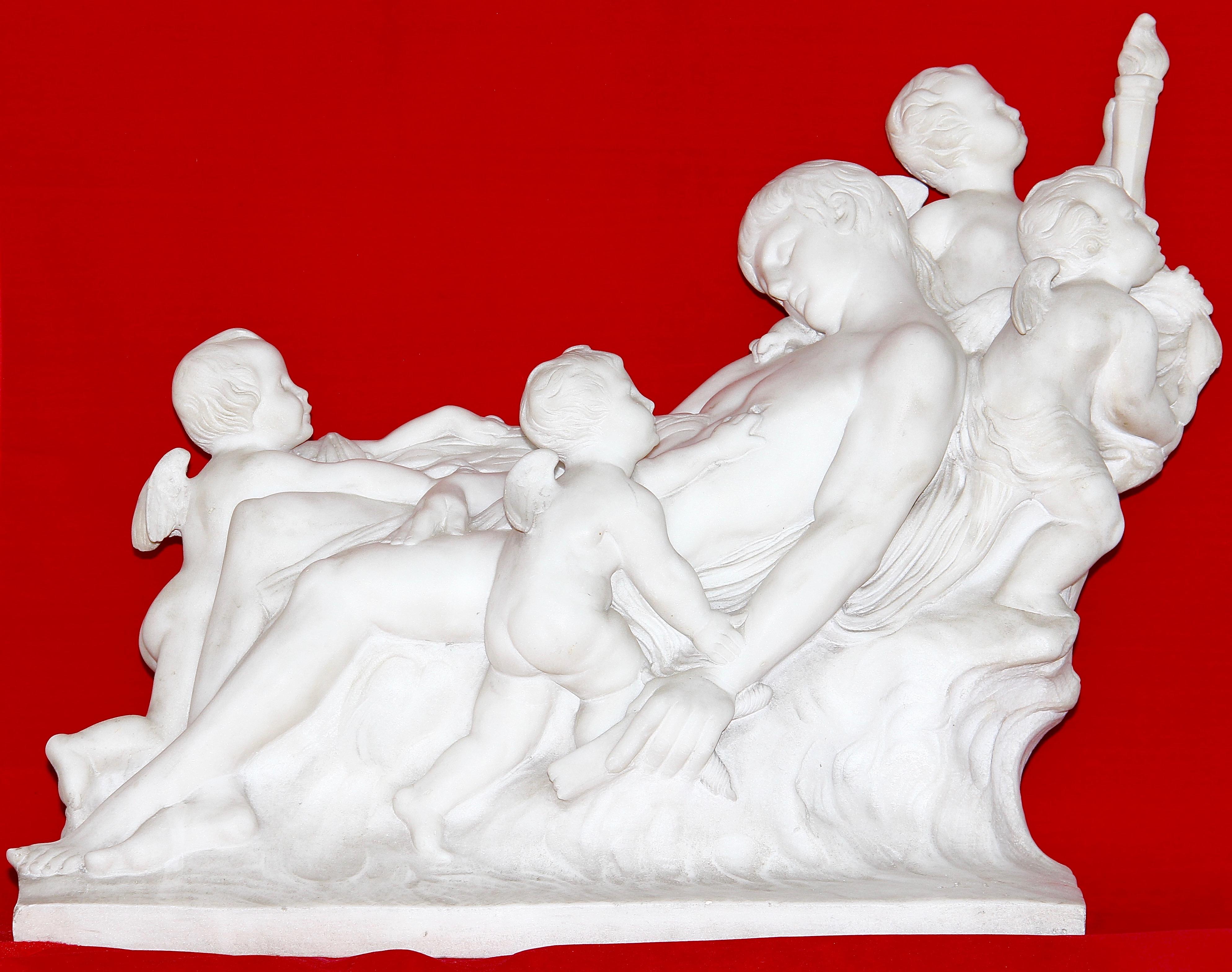 Antique alabaster figurine group. Mythological scene, 19th century.
Extremely heavy and very decorative.
Monogrammed.

The torch has been restored.
Small damage on the left wing on one putto.
