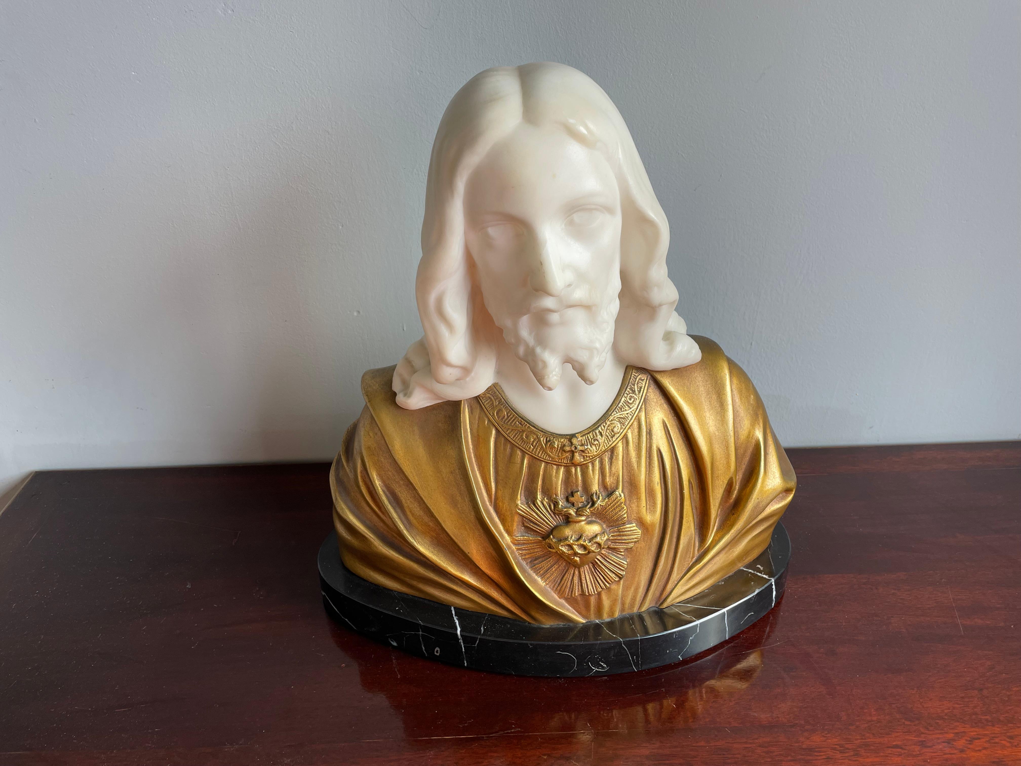 Unique and antique alabaster and bronze sculpture of our Lord Jesus by G. Parentani.

This gorgeous and sizeable sculpture is signed on the back by Belgian sculptor G. Parentani who is clearly of Italian descent. With most of our antique alabaster
