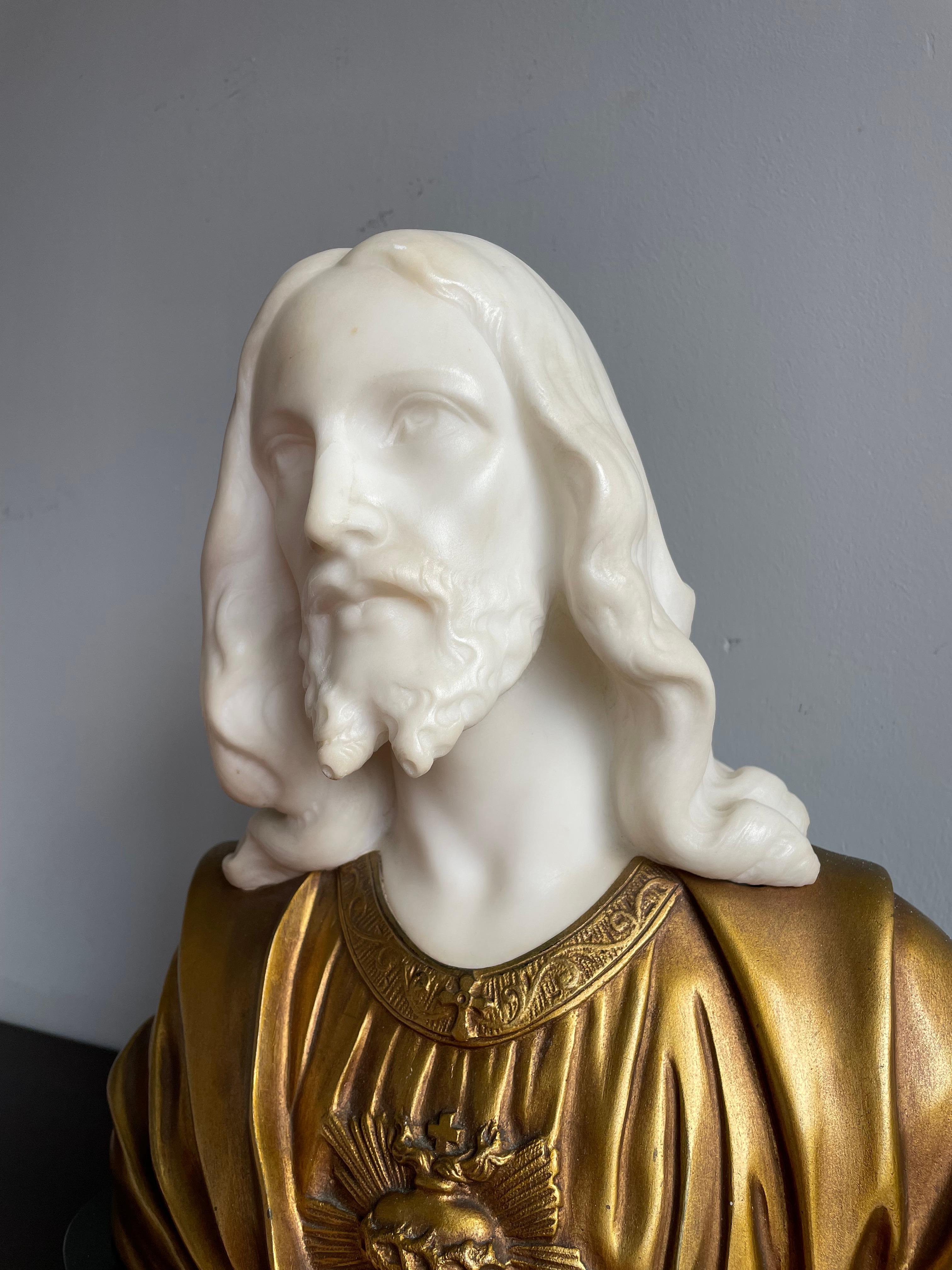 Hand-Crafted Antique Alabaster & Gilt Bronze Sculpture / Bust of Christ on a Marble Base 1920