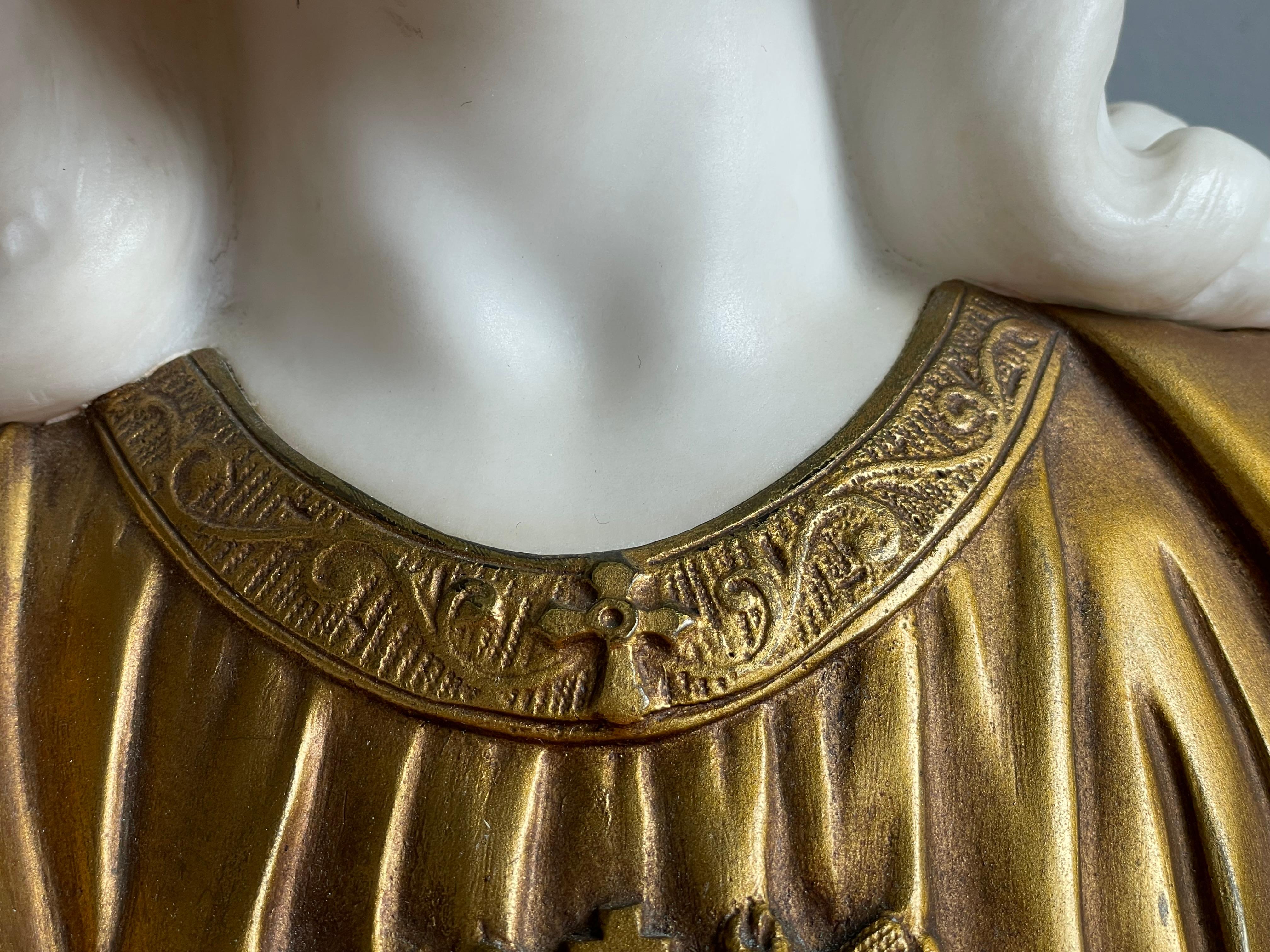 Antique Alabaster & Gilt Bronze Sculpture / Bust of Christ on a Marble Base 1920 In Good Condition In Lisse, NL