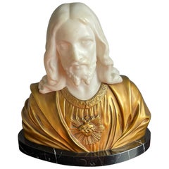 Antique Alabaster & Gilt Bronze Sculpture / Bust of Christ on a Marble Base 1920