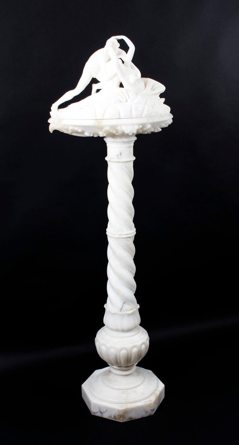 Antique Alabaster Lovers Sculpture & Pedestal After Canova, 19th Century 12