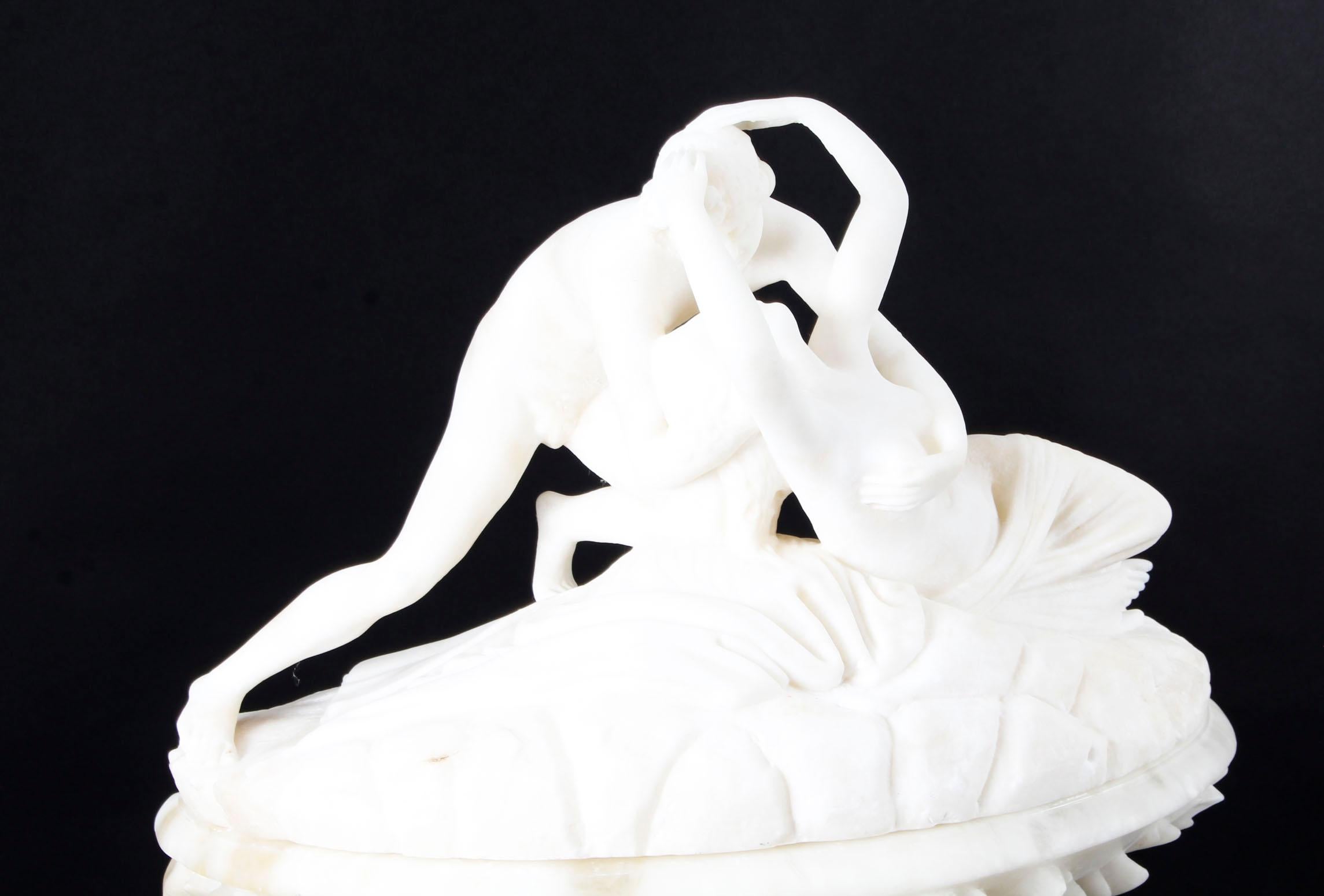Antique Alabaster Lovers Sculpture & Pedestal After Canova, 19th Century 14