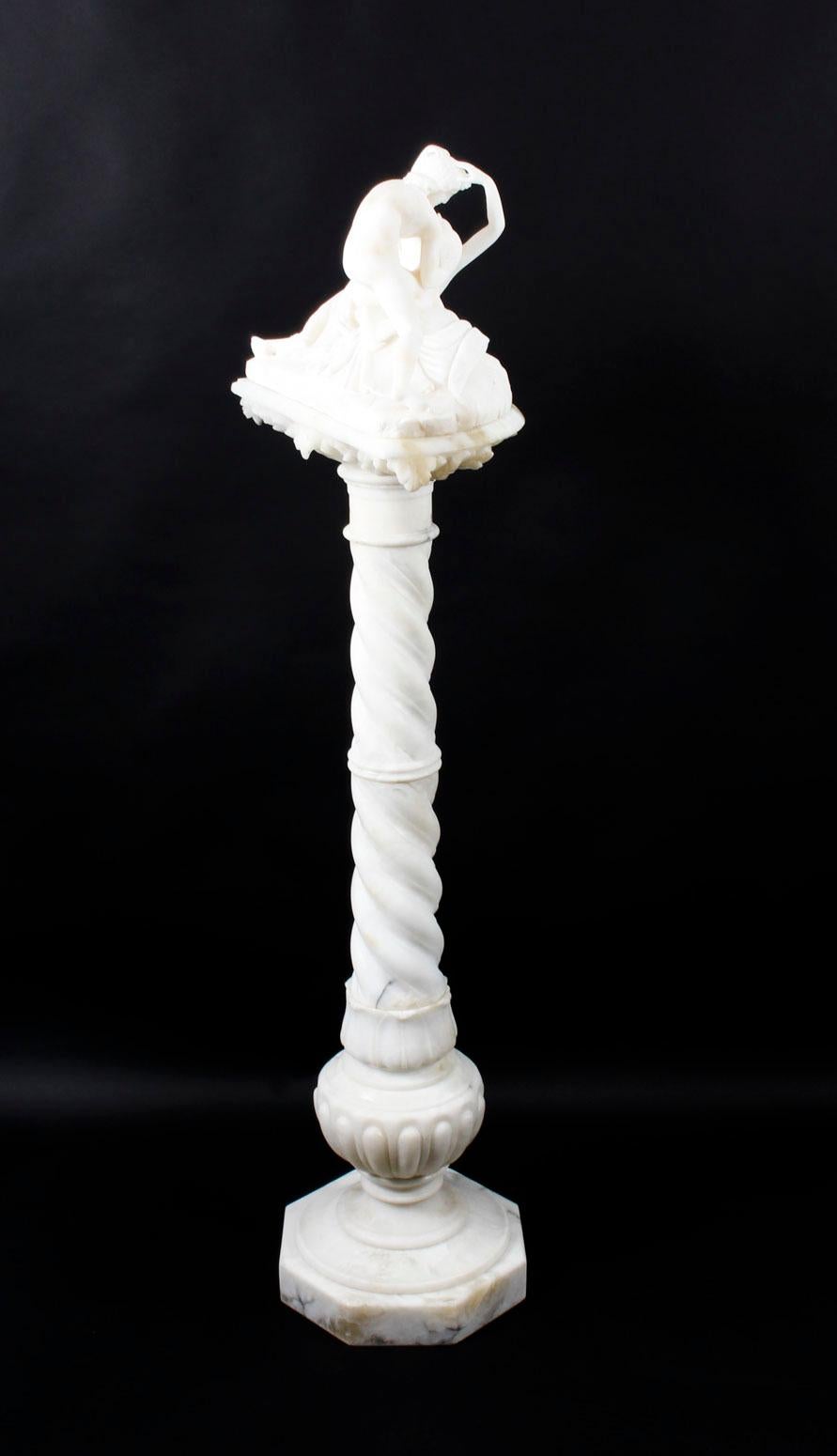 Antique Alabaster Lovers Sculpture & Pedestal After Canova, 19th Century 3