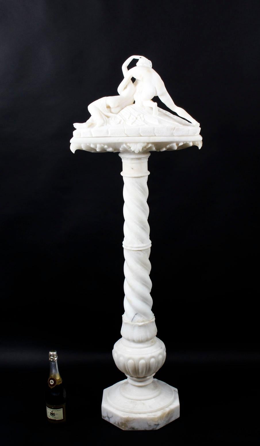 Antique Alabaster Lovers Sculpture & Pedestal After Canova, 19th Century 5