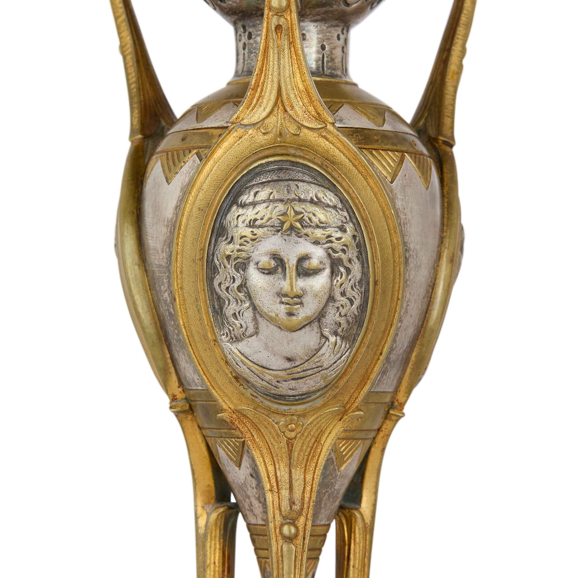 Antique Alabaster, Ormolu and Silvered Bronze Clock Set in the Neo-Grec Style For Sale 3