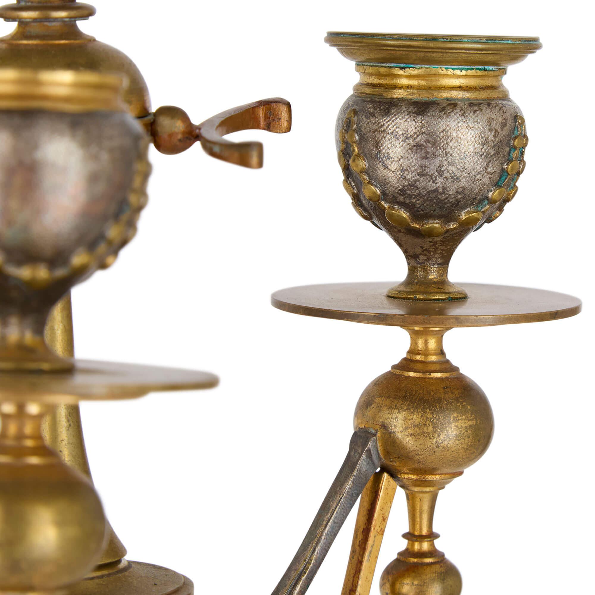 Antique Alabaster, Ormolu and Silvered Bronze Clock Set in the Neo-Grec Style For Sale 4
