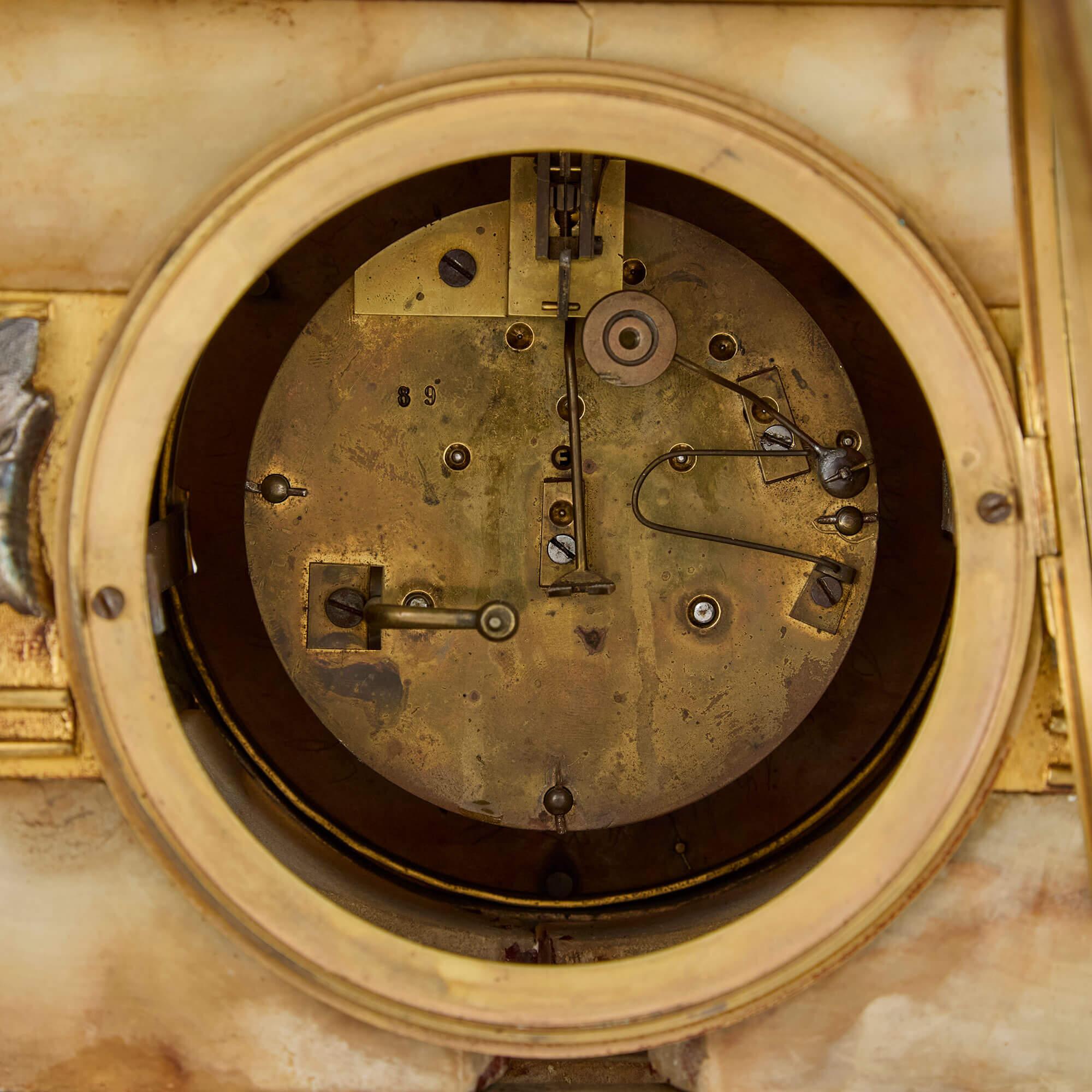 Antique Alabaster, Ormolu and Silvered Bronze Clock Set in the Neo-Grec Style For Sale 5