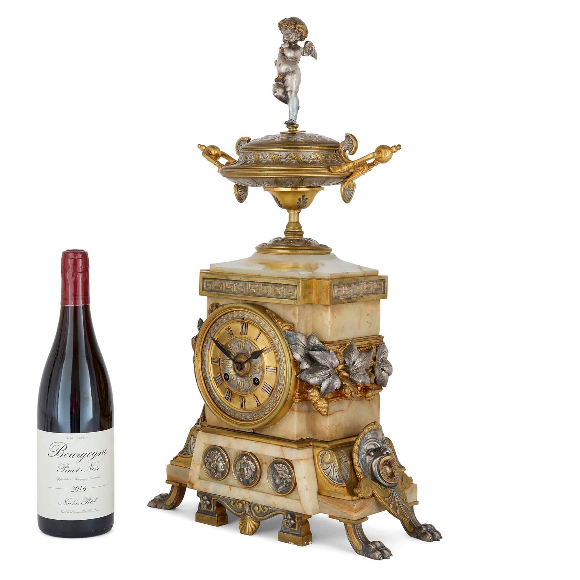 Antique Alabaster, Ormolu and Silvered Bronze Clock Set in the Neo-Grec Style For Sale 6