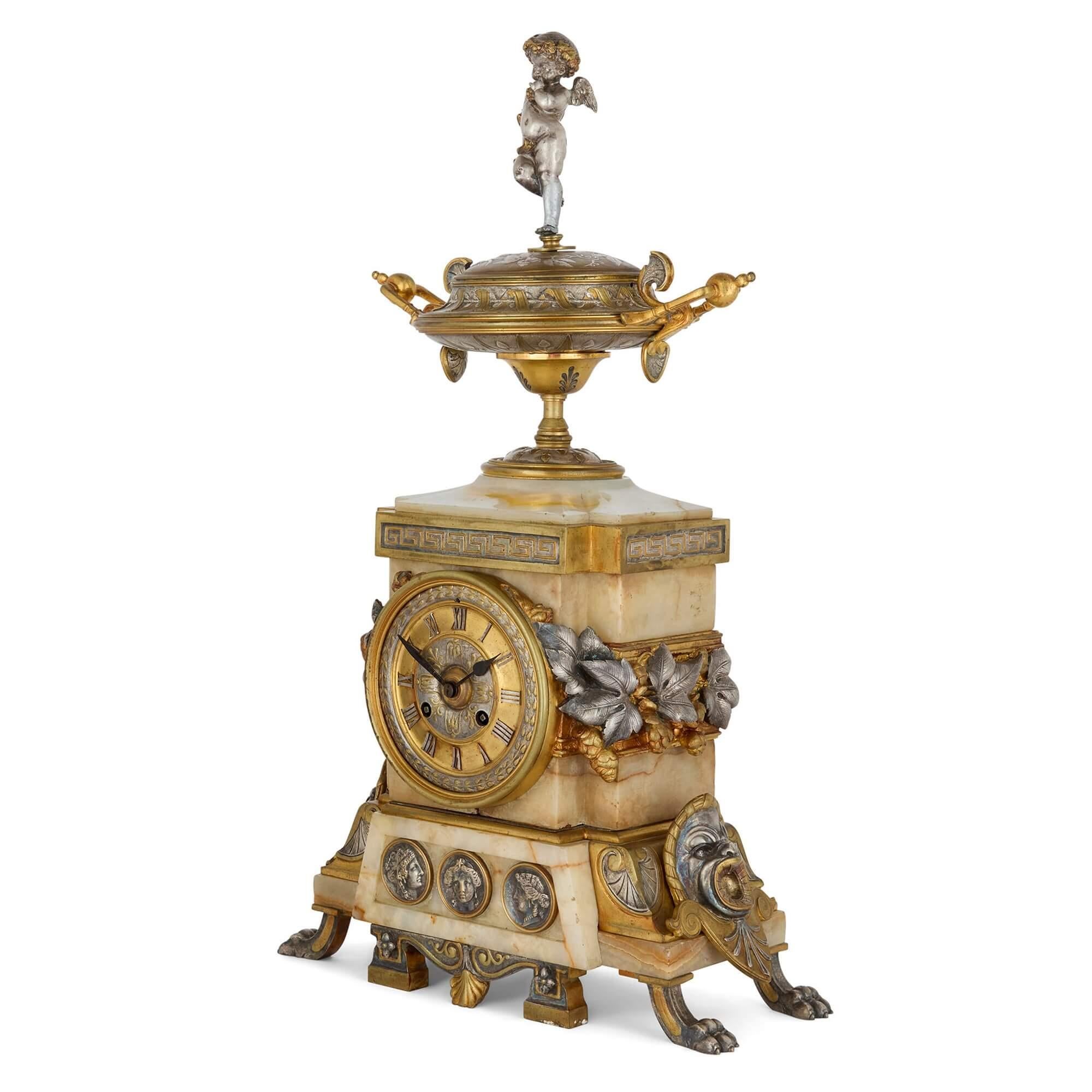 French Antique Alabaster, Ormolu and Silvered Bronze Clock Set in the Neo-Grec Style For Sale