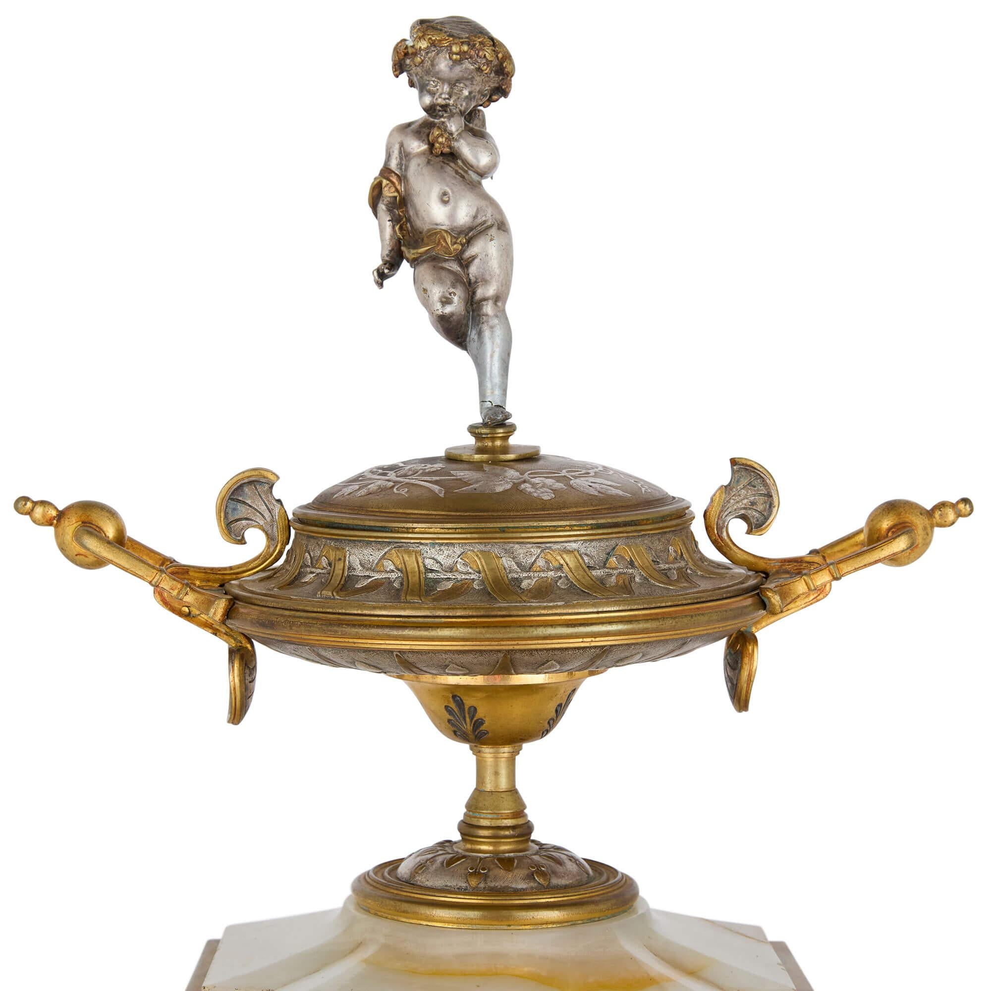 Gilt Antique Alabaster, Ormolu and Silvered Bronze Clock Set in the Neo-Grec Style For Sale