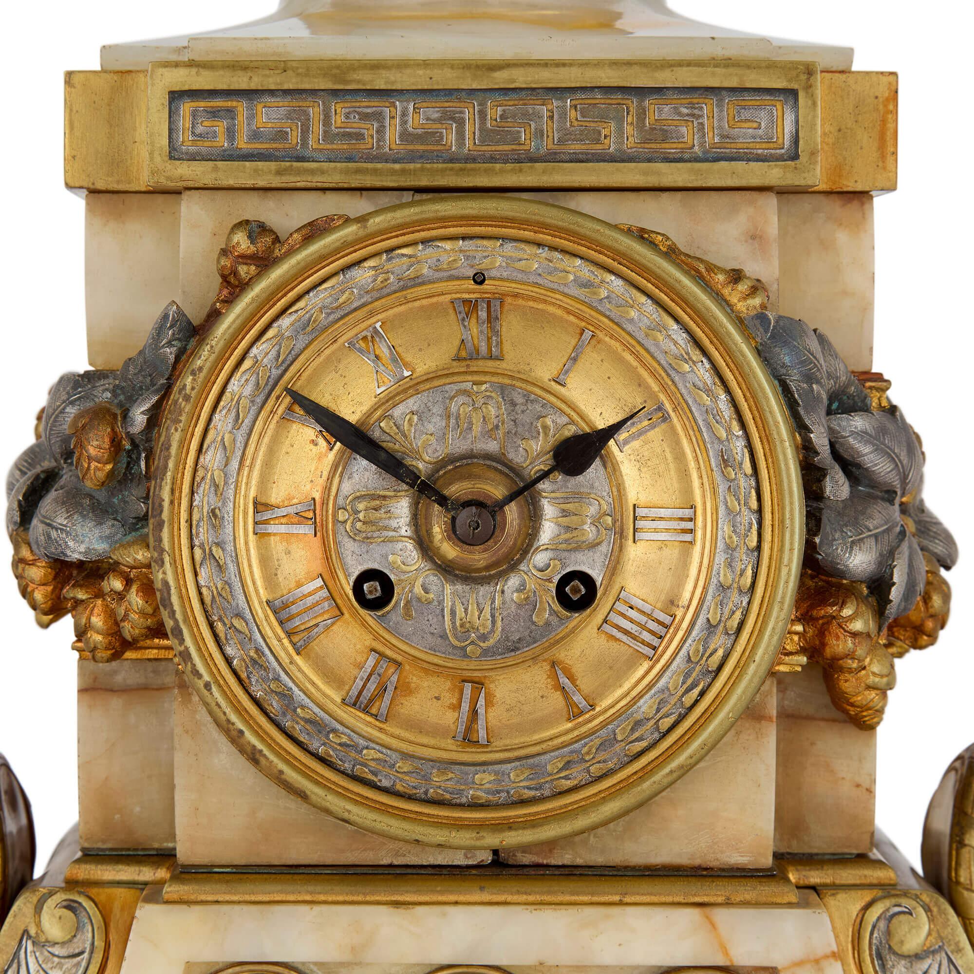 Antique Alabaster, Ormolu and Silvered Bronze Clock Set in the Neo-Grec Style In Good Condition For Sale In London, GB