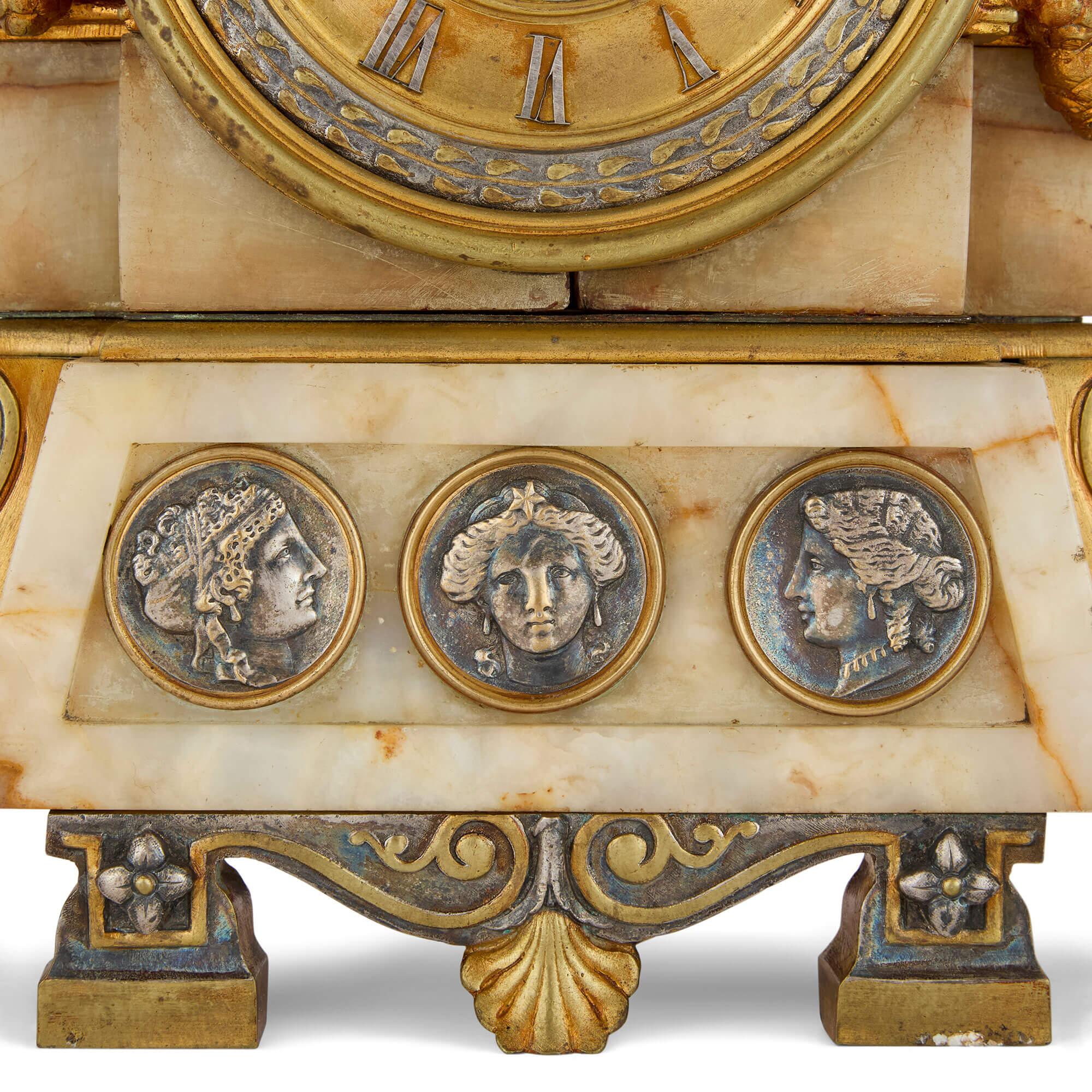 19th Century Antique Alabaster, Ormolu and Silvered Bronze Clock Set in the Neo-Grec Style For Sale