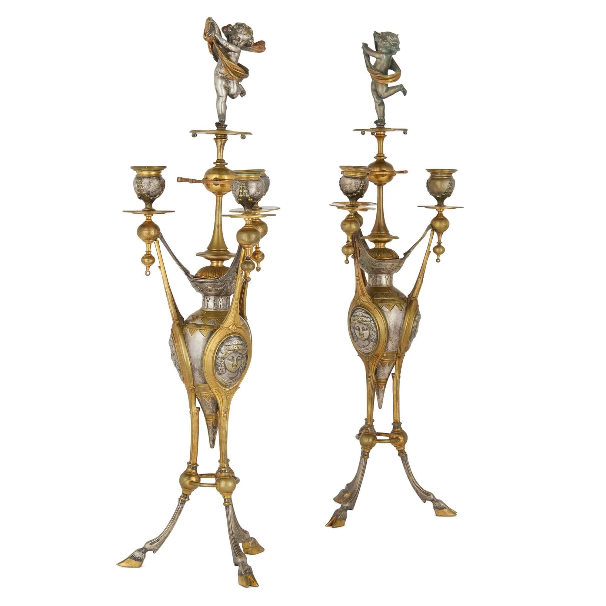 Antique Alabaster, Ormolu and Silvered Bronze Clock Set in the Neo-Grec Style For Sale 1