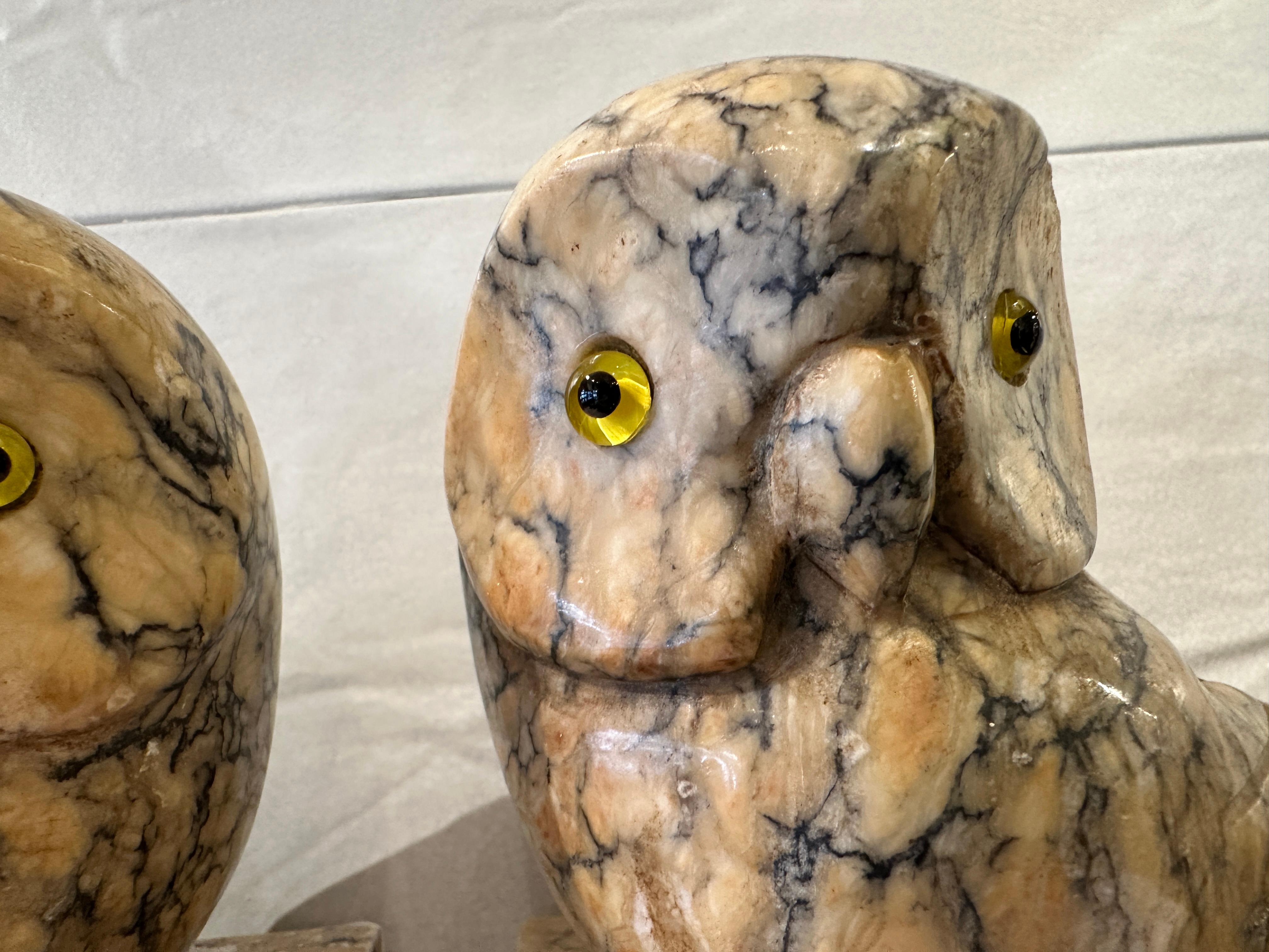 Hand-Carved Antique Alabaster Owl Bookends For Sale