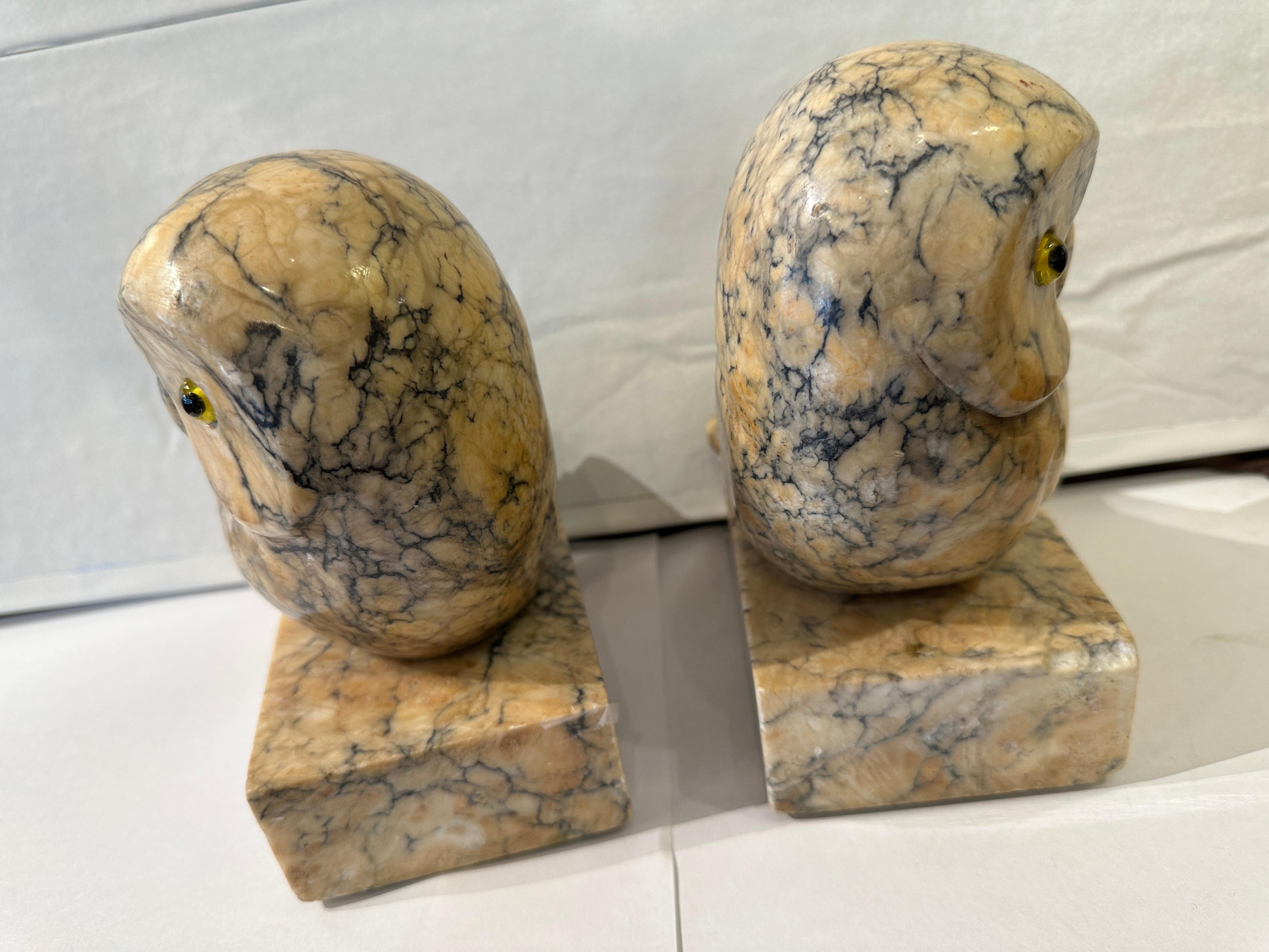 Antique Alabaster Owl Bookends In Good Condition For Sale In Summerland, CA