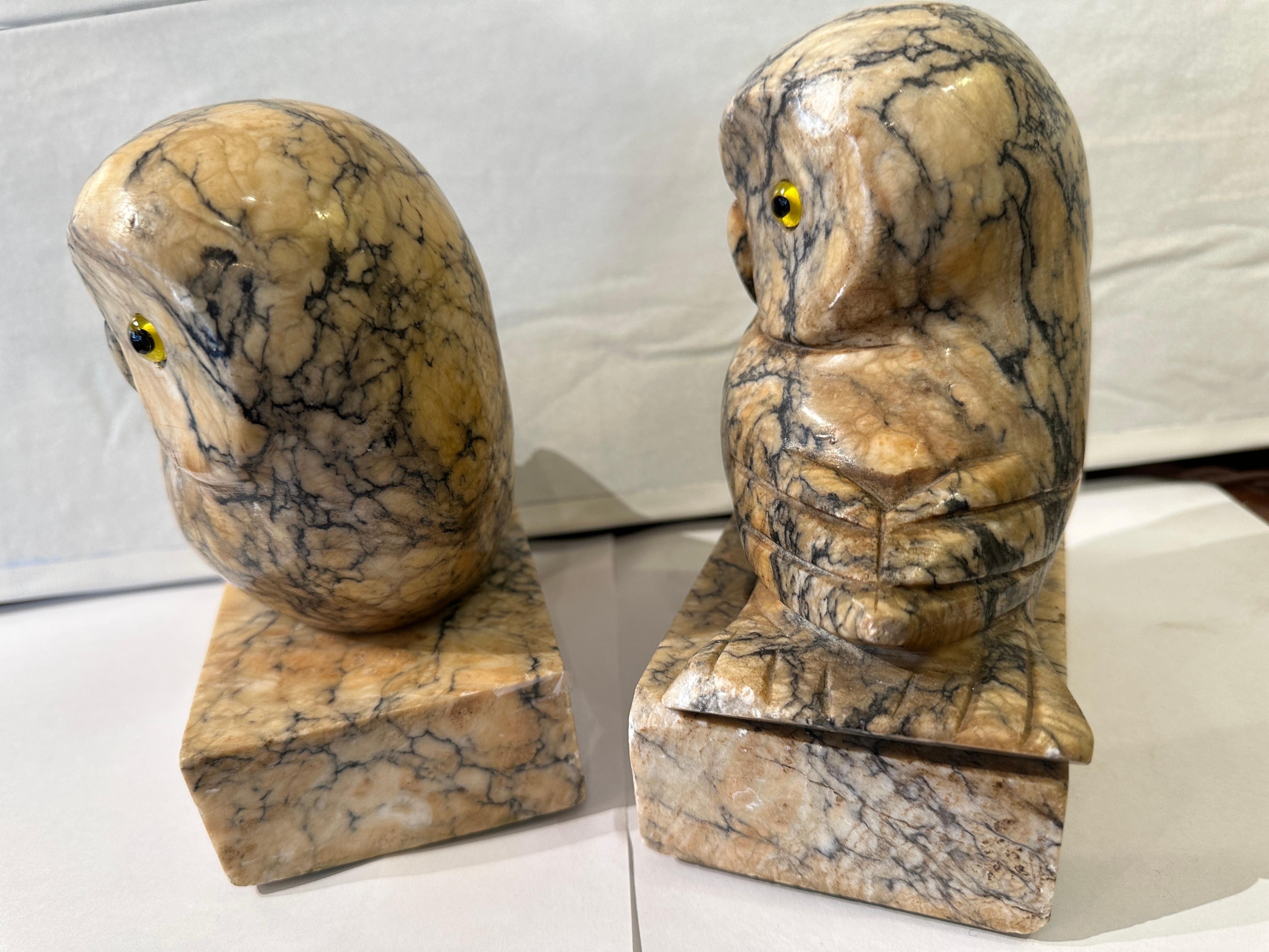 Early 20th Century Antique Alabaster Owl Bookends For Sale