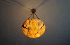 Antique Alabaster Pendant Ceiling Light w. Original Rope and Hand Knotted Canopy