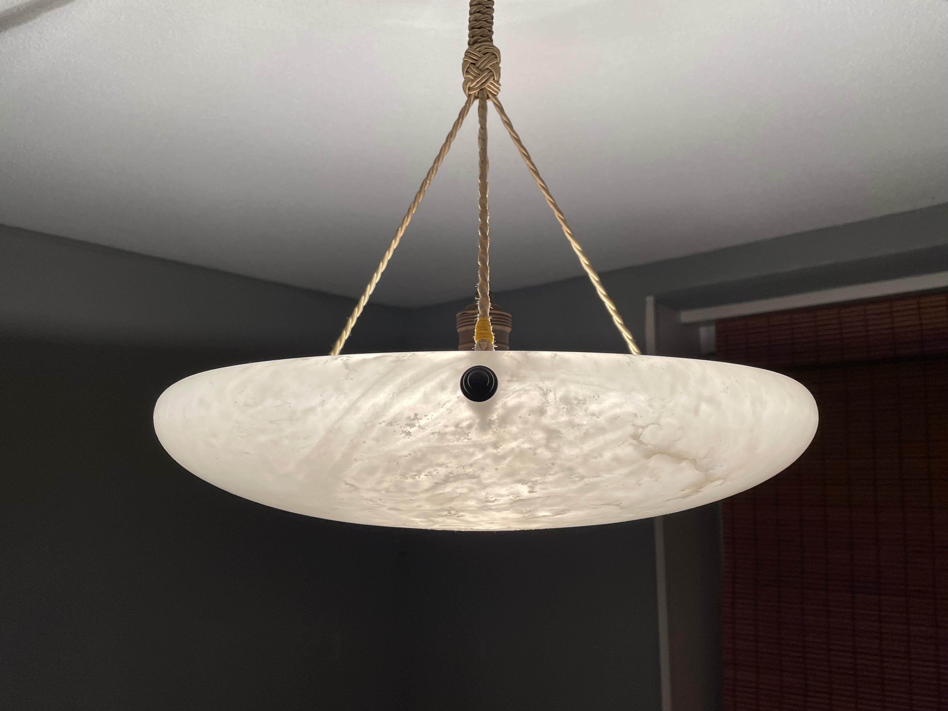 French Antique Alabaster Pendant / Flush Mount with Mint Alabaster Shade & Canopy, 1910