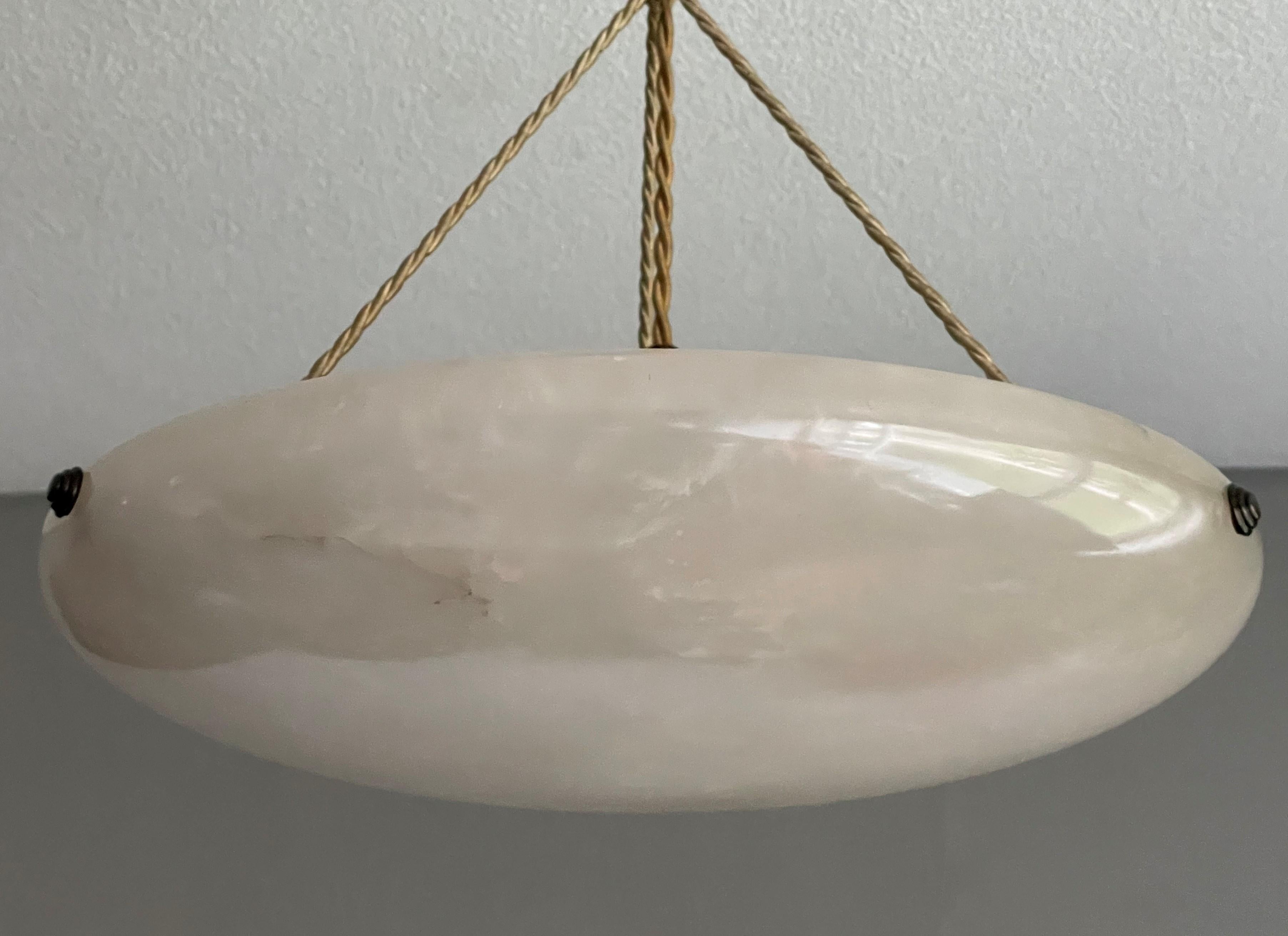 Hand-Carved Antique Alabaster Pendant / Flush Mount with Mint Alabaster Shade & Canopy, 1910