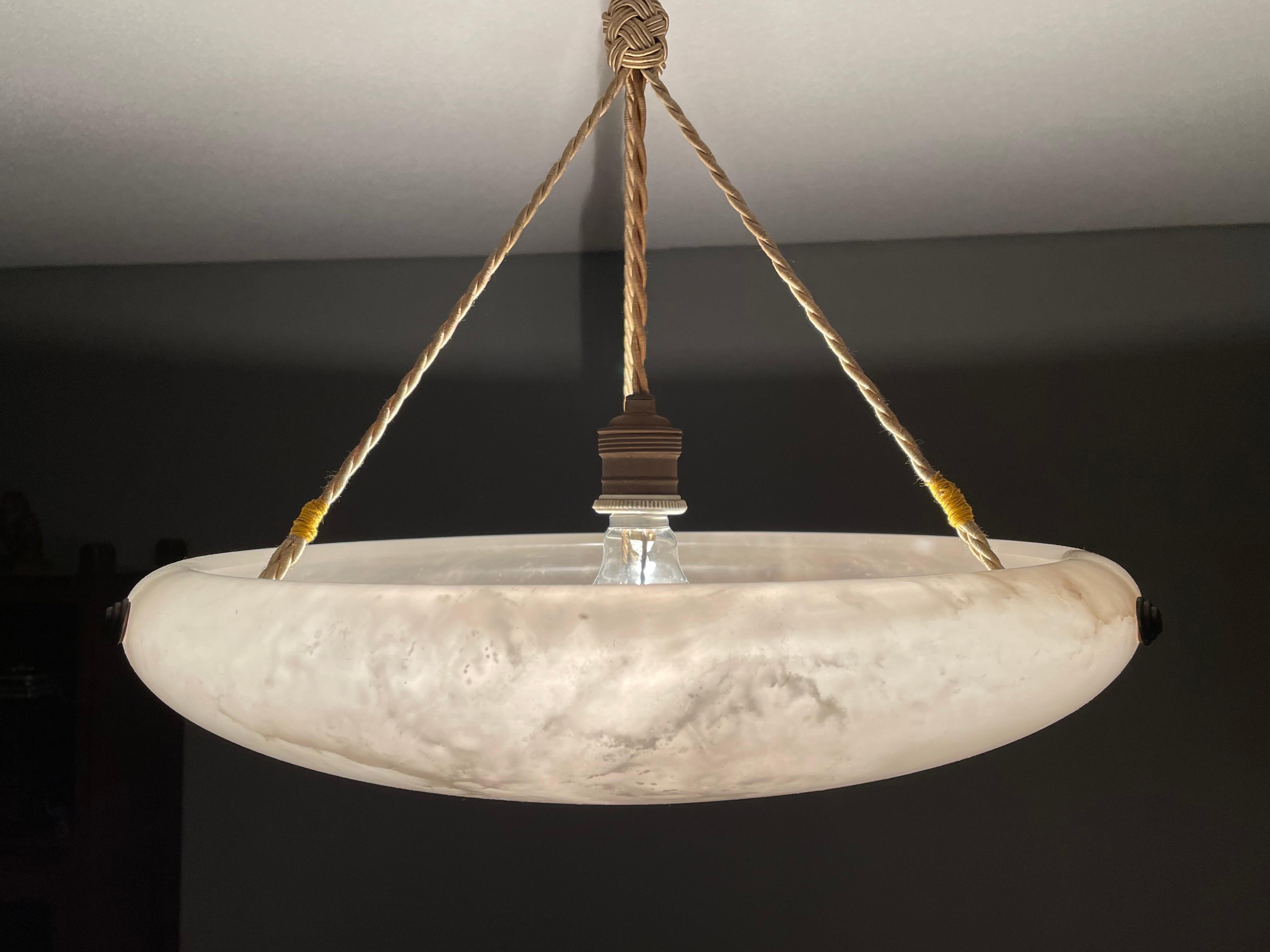Brass Antique Alabaster Pendant / Flush Mount with Mint Alabaster Shade & Canopy, 1910