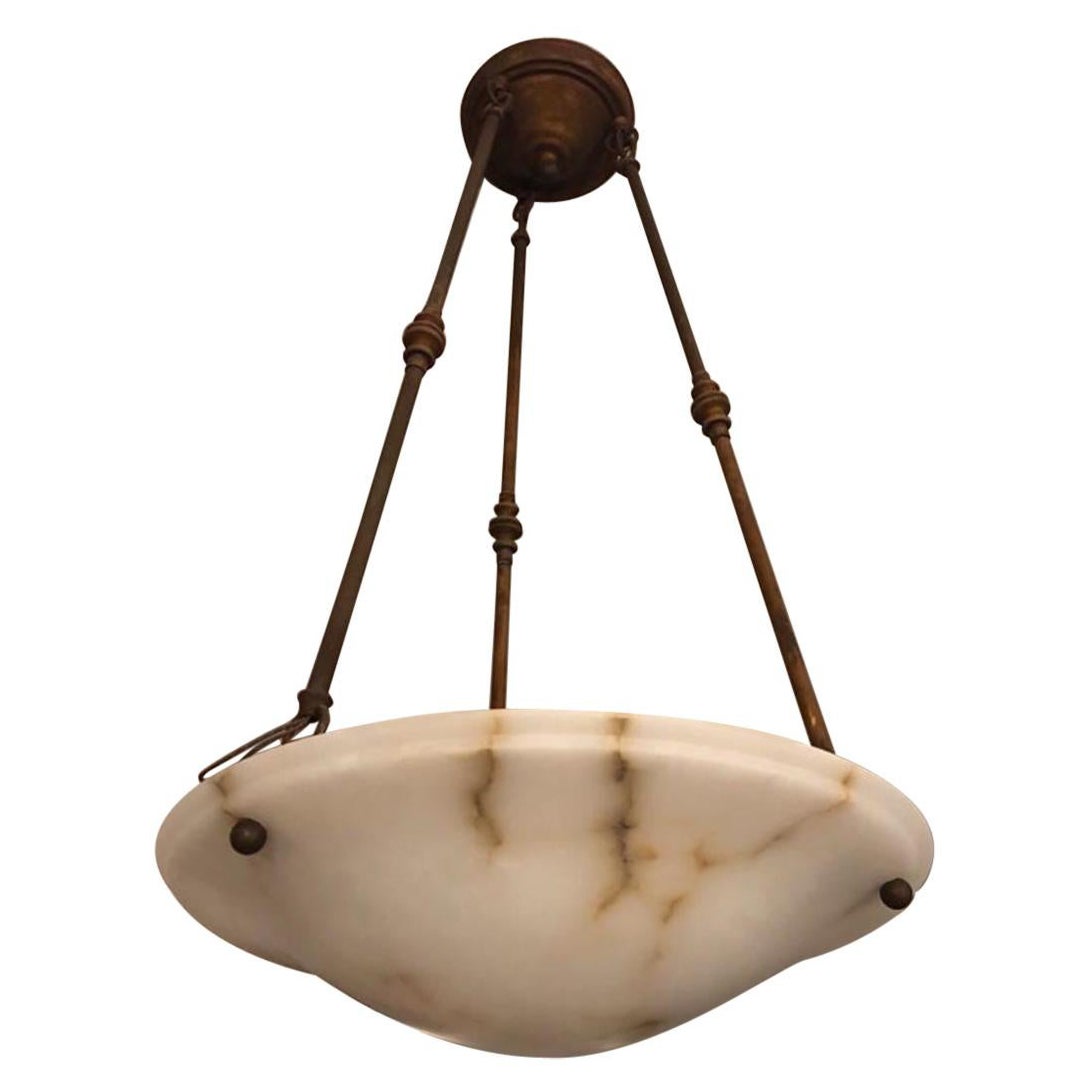 Antique Alabaster Pendant Light Fixture with Bronze Hardware