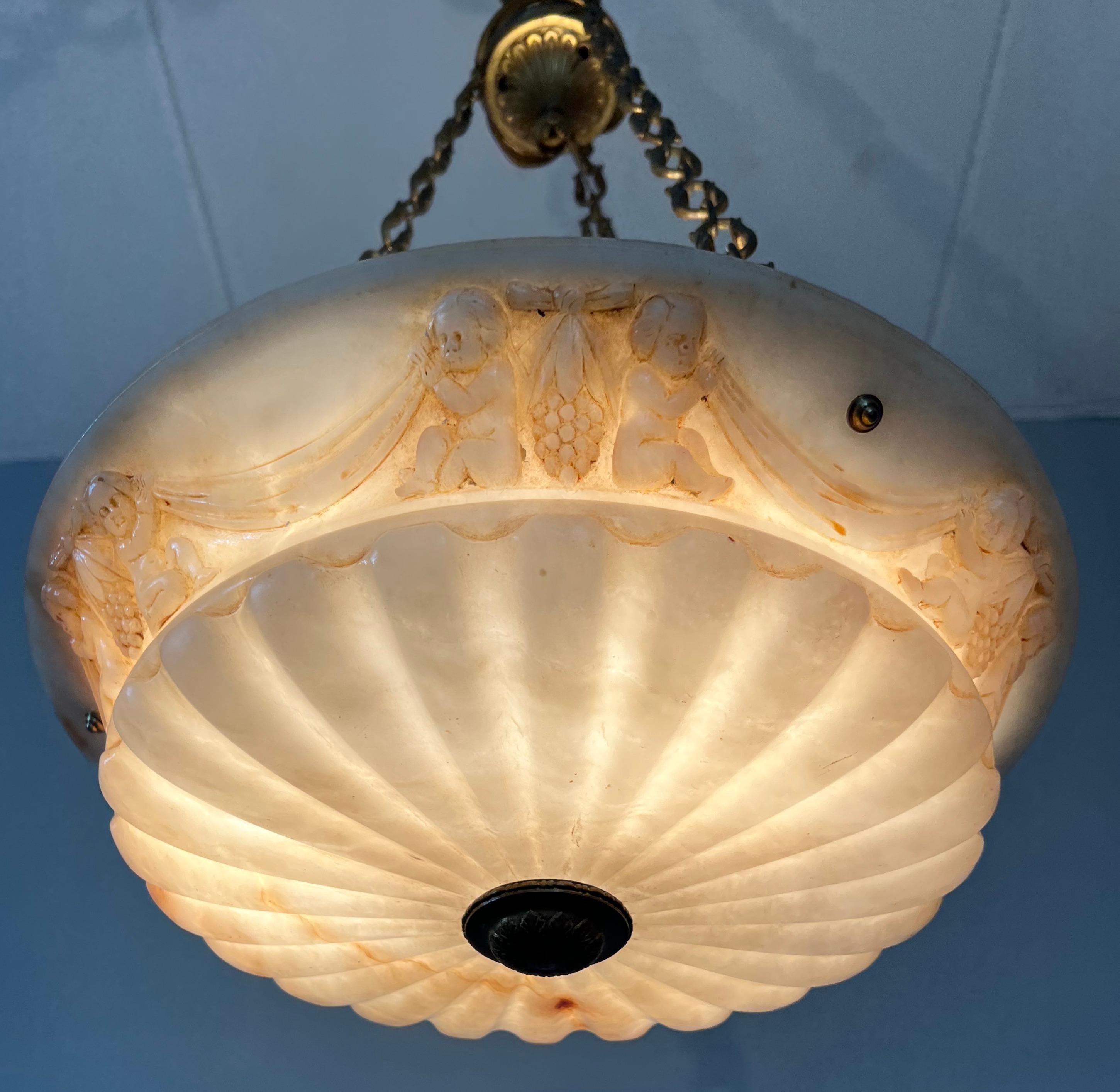 Antique Alabaster Pendant Light with Impressive Hand Carved Putti Decor For Sale 1