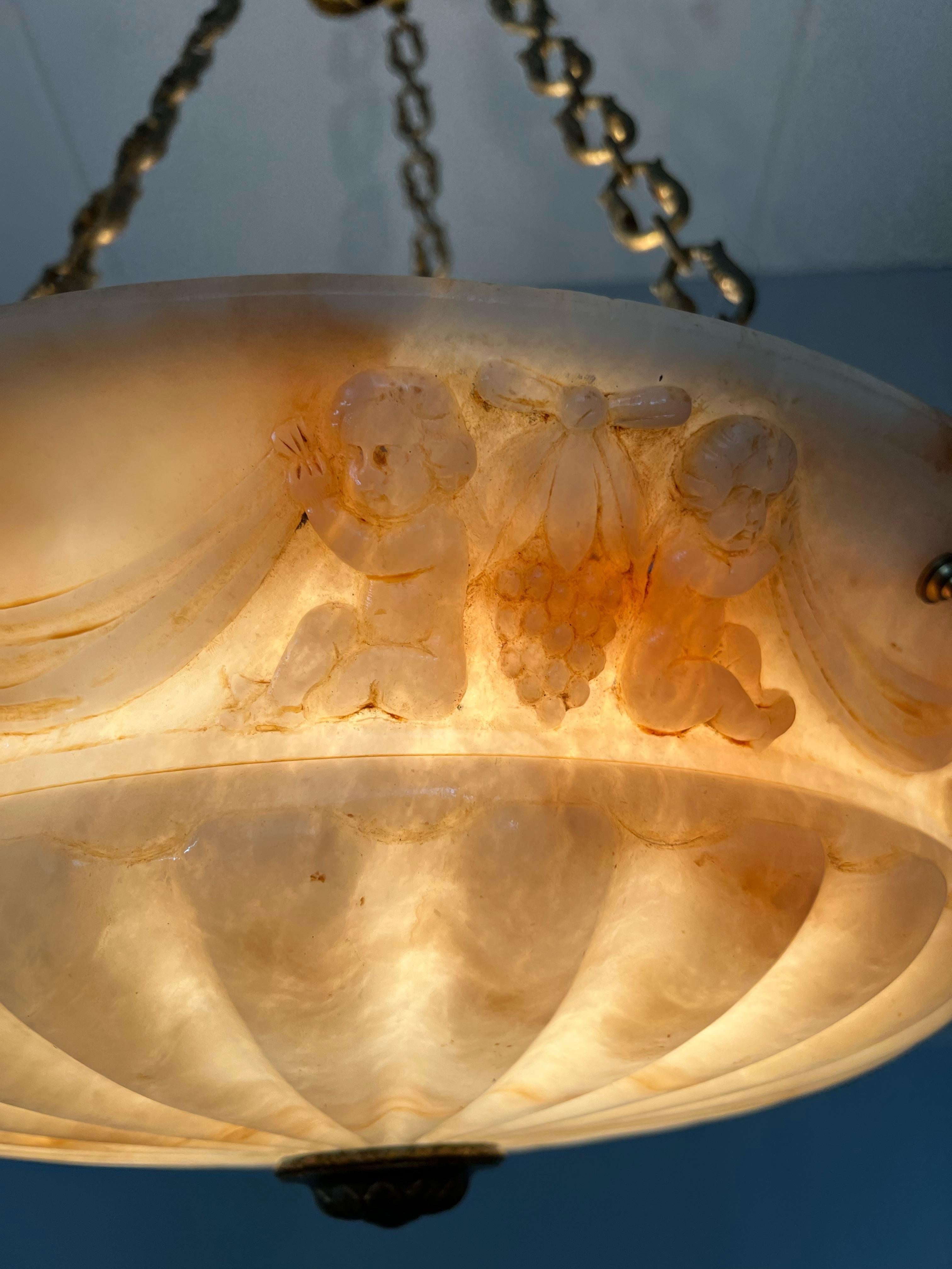 Antique Alabaster Pendant Light with Impressive Hand Carved Putti Decor For Sale 8