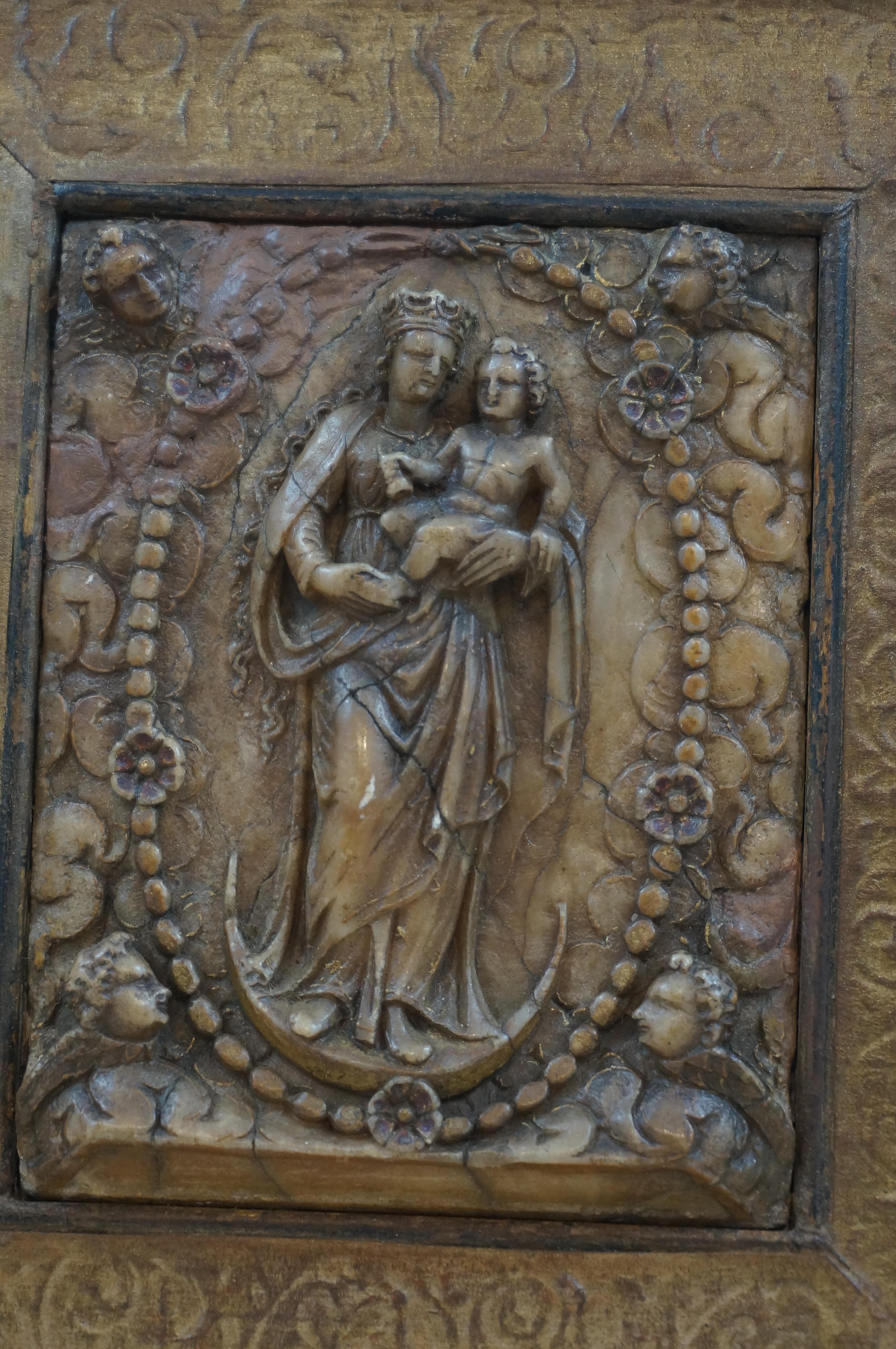 Belgian  Antique alabaster relief, St. Mary of the Rosary, Belgium Malines, early 17th c