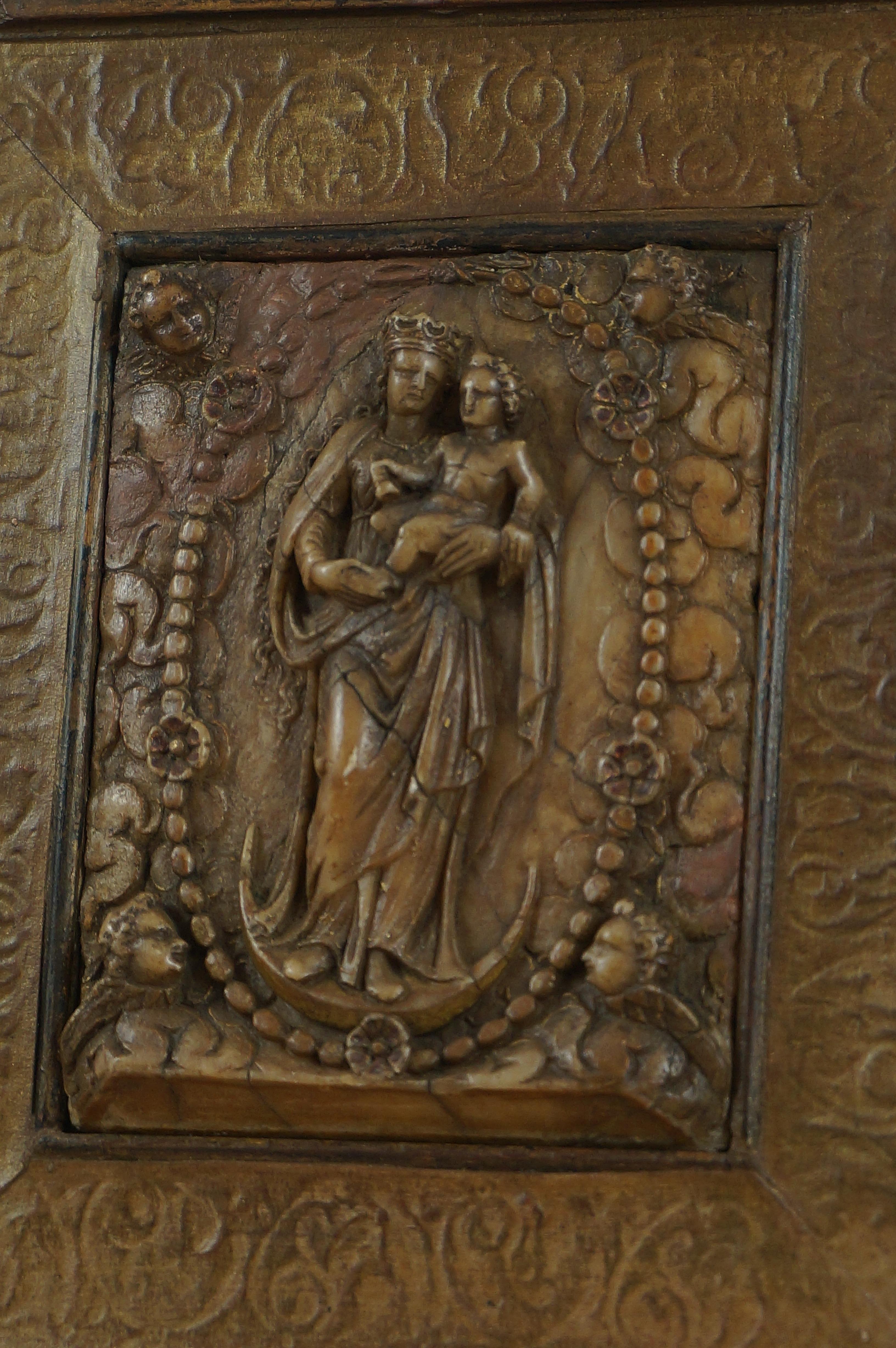  Antique alabaster relief, St. Mary of the Rosary, Belgium Malines, early 17th c 1