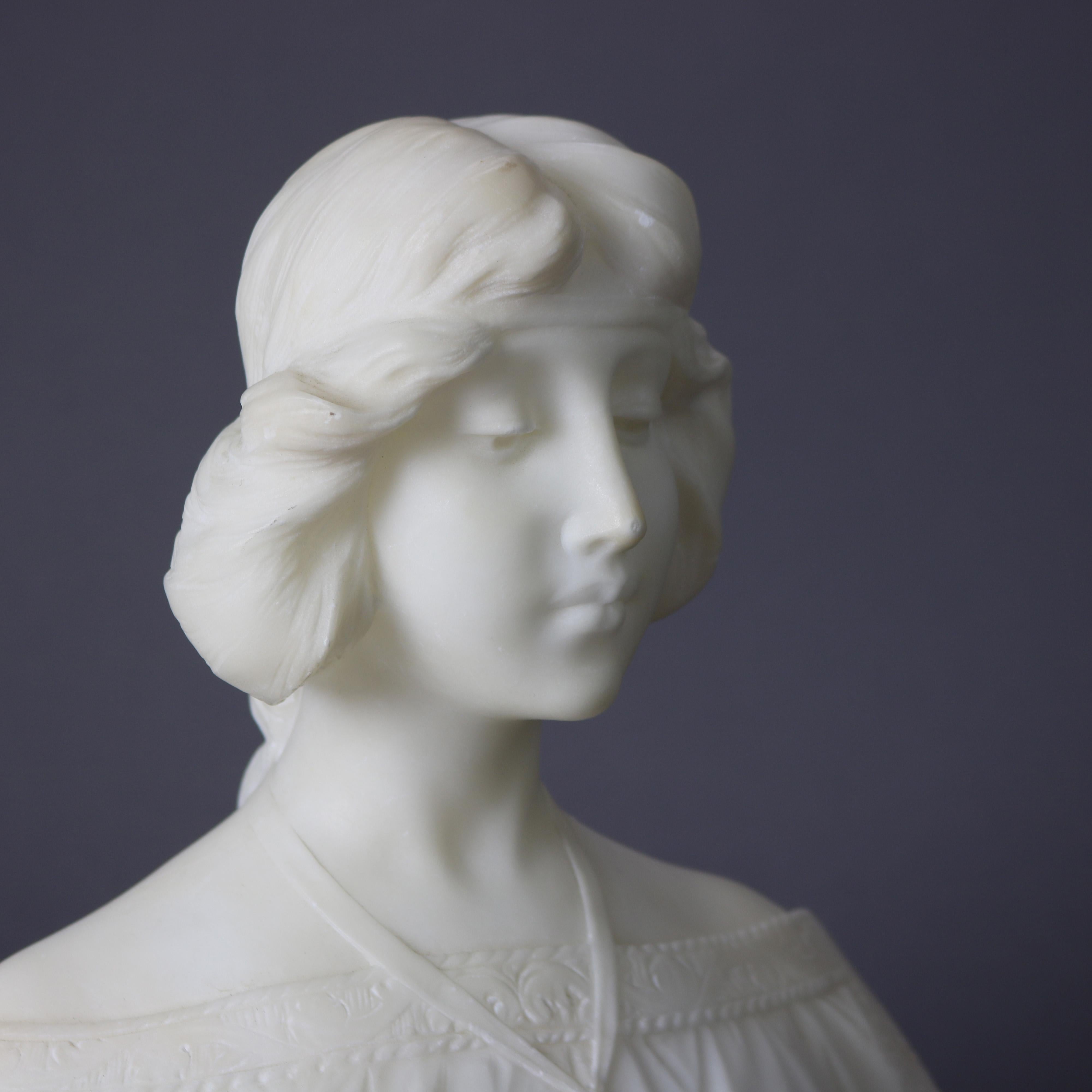 Carved Antique Alabaster Sculpture Bust of a Woman on Black Marble Plinth, circa 1890