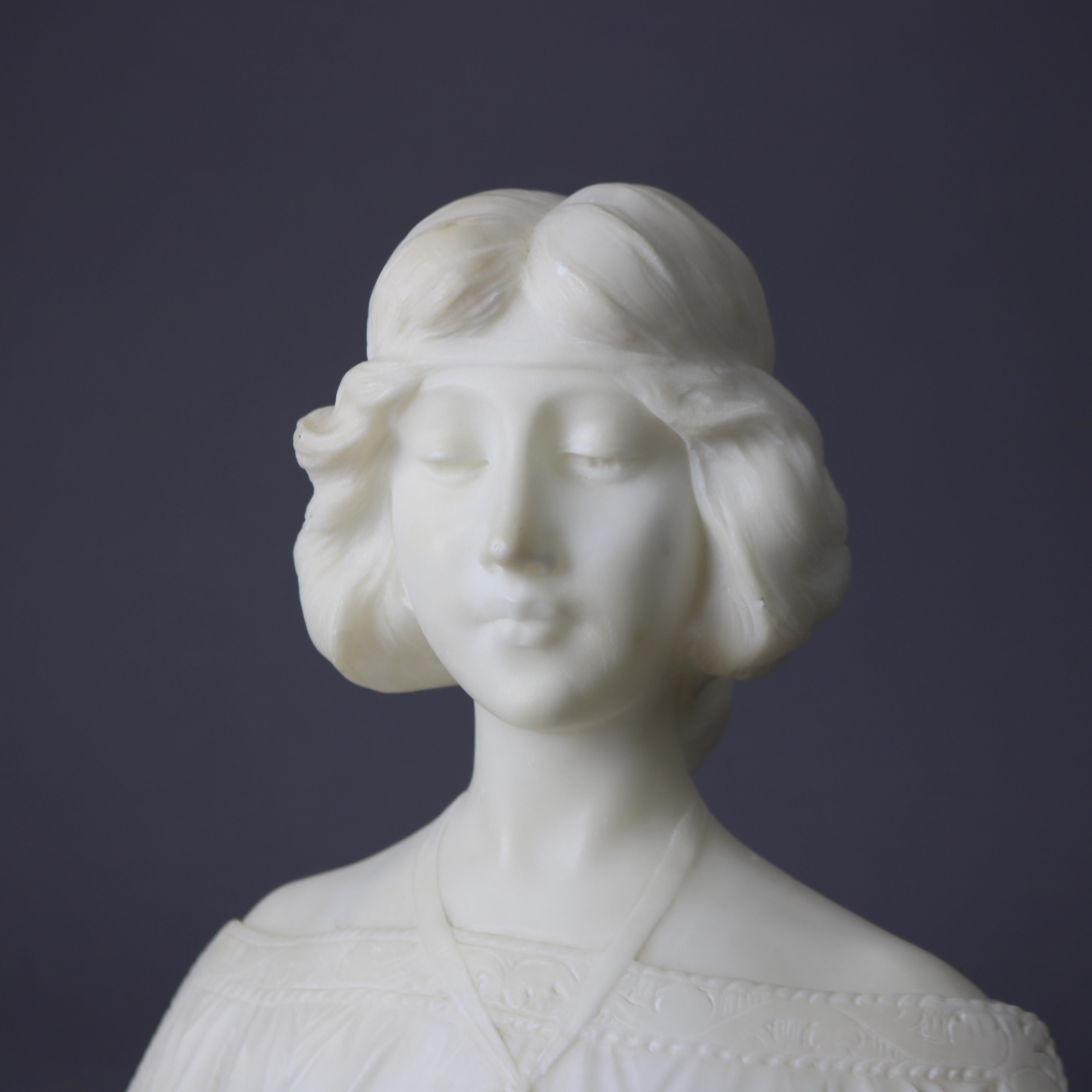 19th Century Antique Alabaster Sculpture Bust of a Woman on Black Marble Plinth, circa 1890