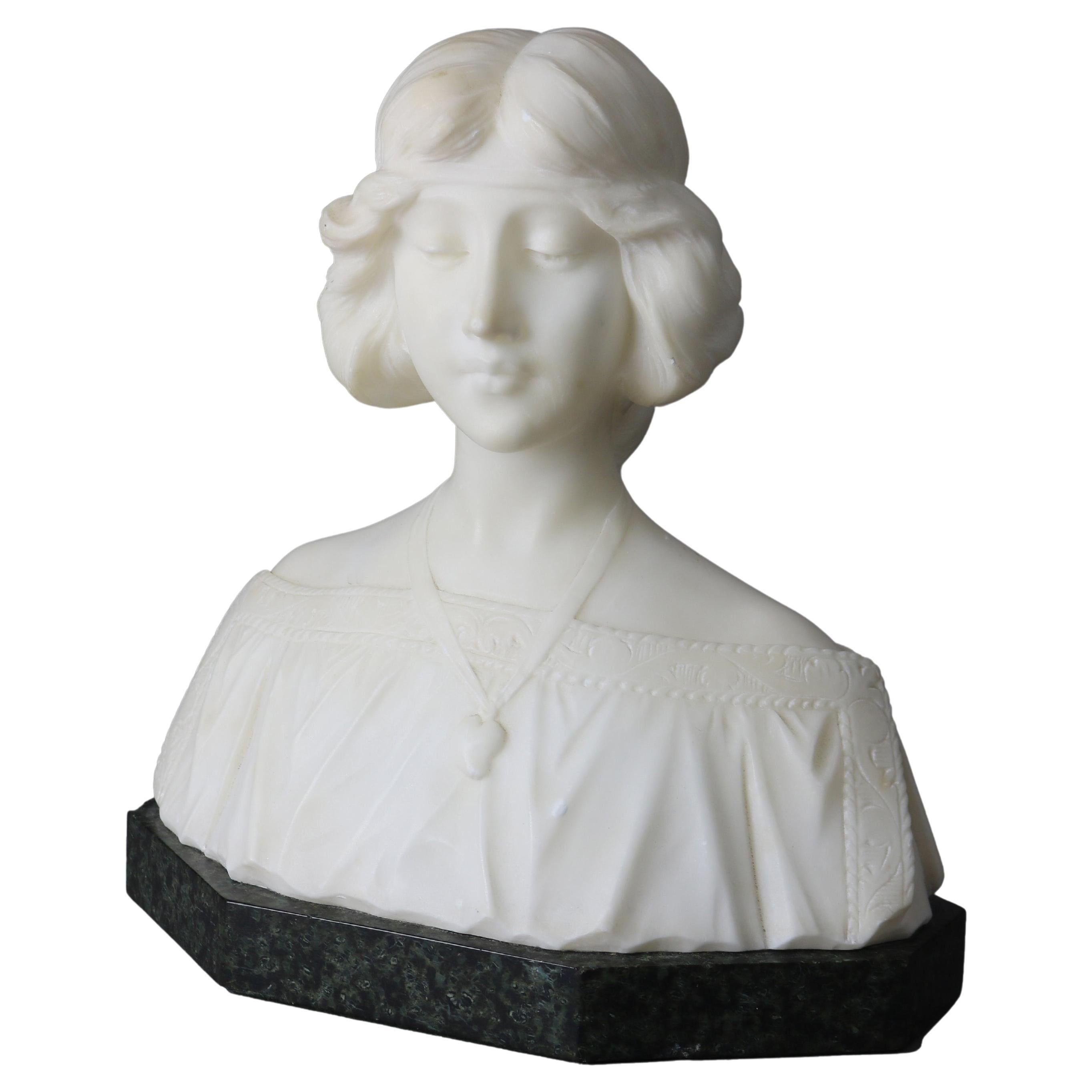 Antique Alabaster Sculpture Bust of a Woman on Black Marble Plinth, circa 1890