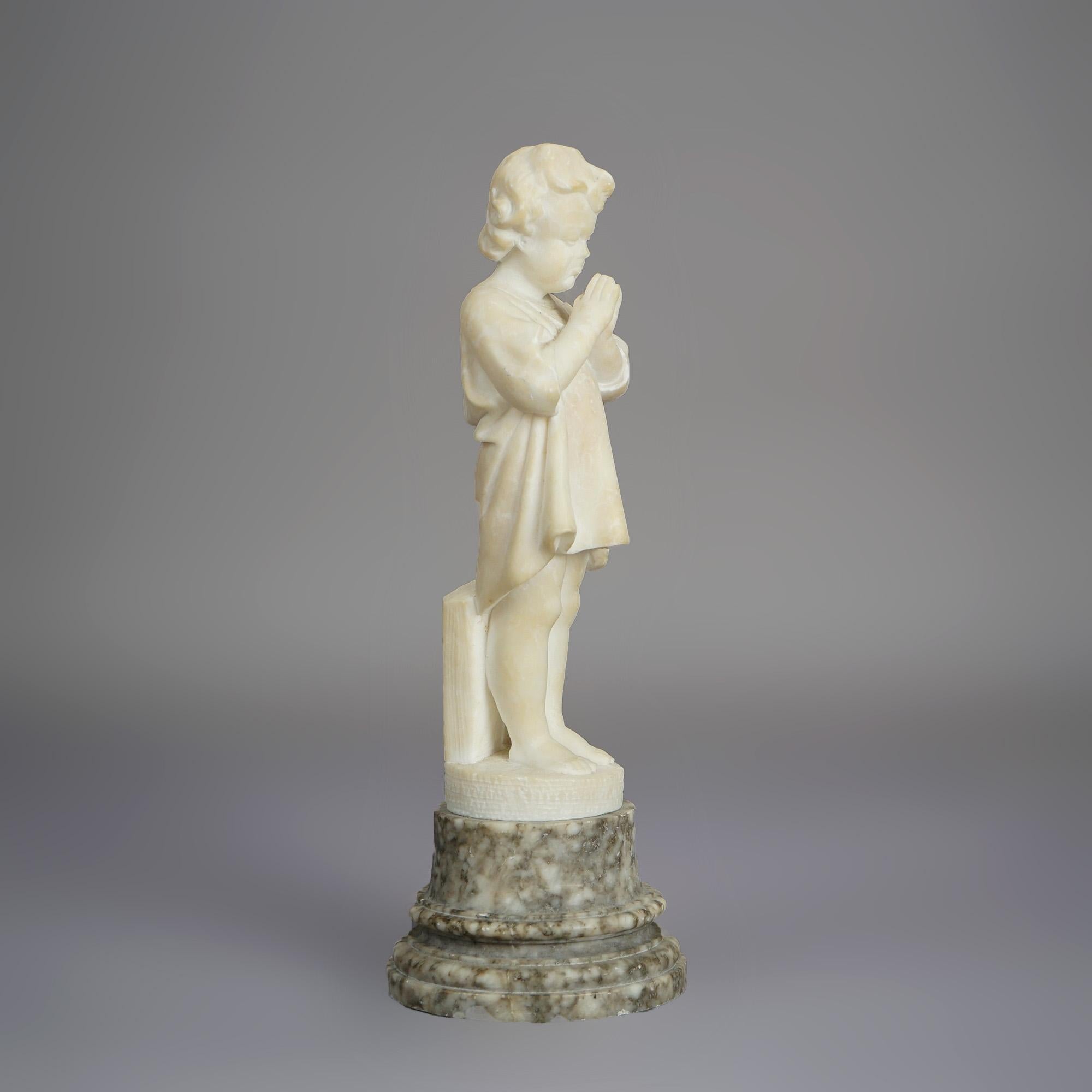 Antique Alabaster Sculpture of a Praying Child & Marble Base C1890 In Good Condition For Sale In Big Flats, NY