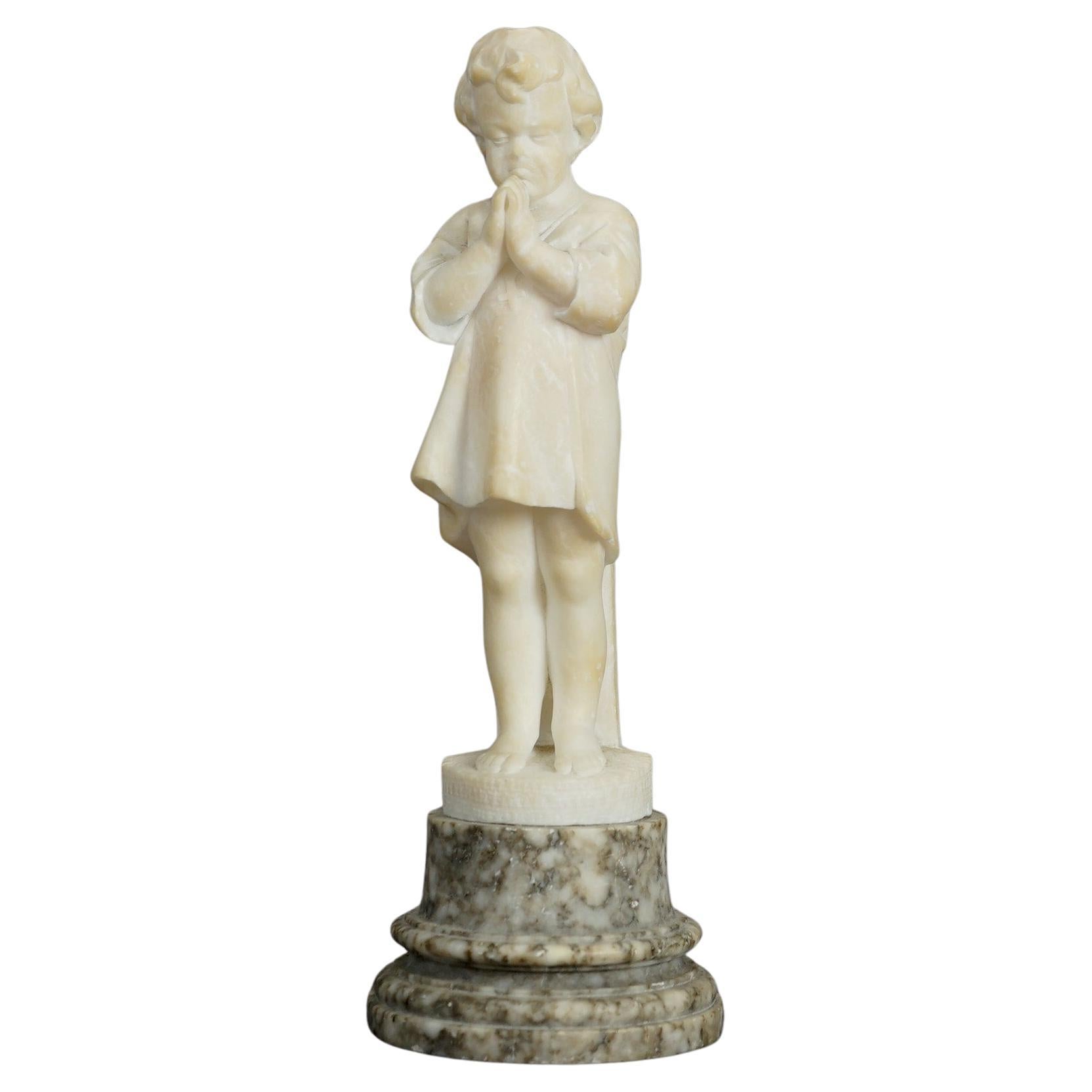 Antique Alabaster Sculpture of a Praying Child & Marble Base C1890 For Sale