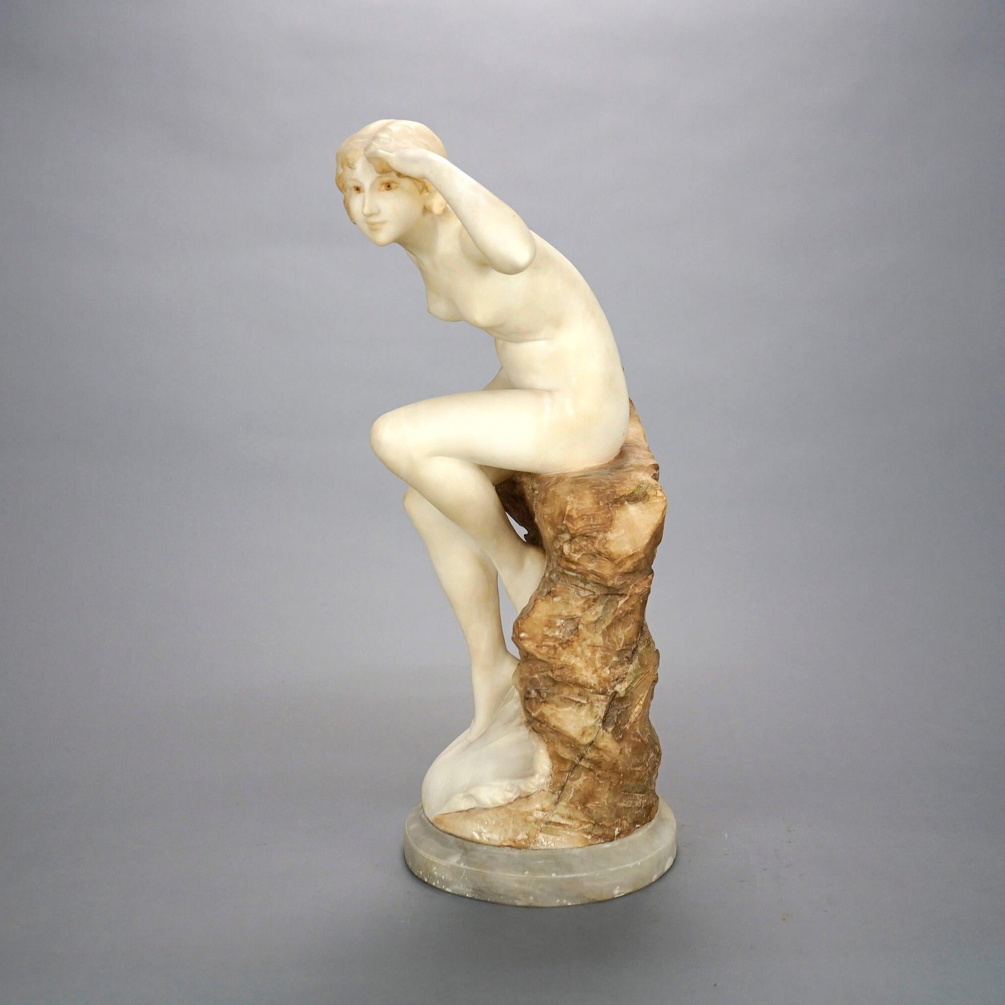 Italian Antique Alabaster Sculpture of a Woman Seaside, Signed A. Del Perugia, c1900