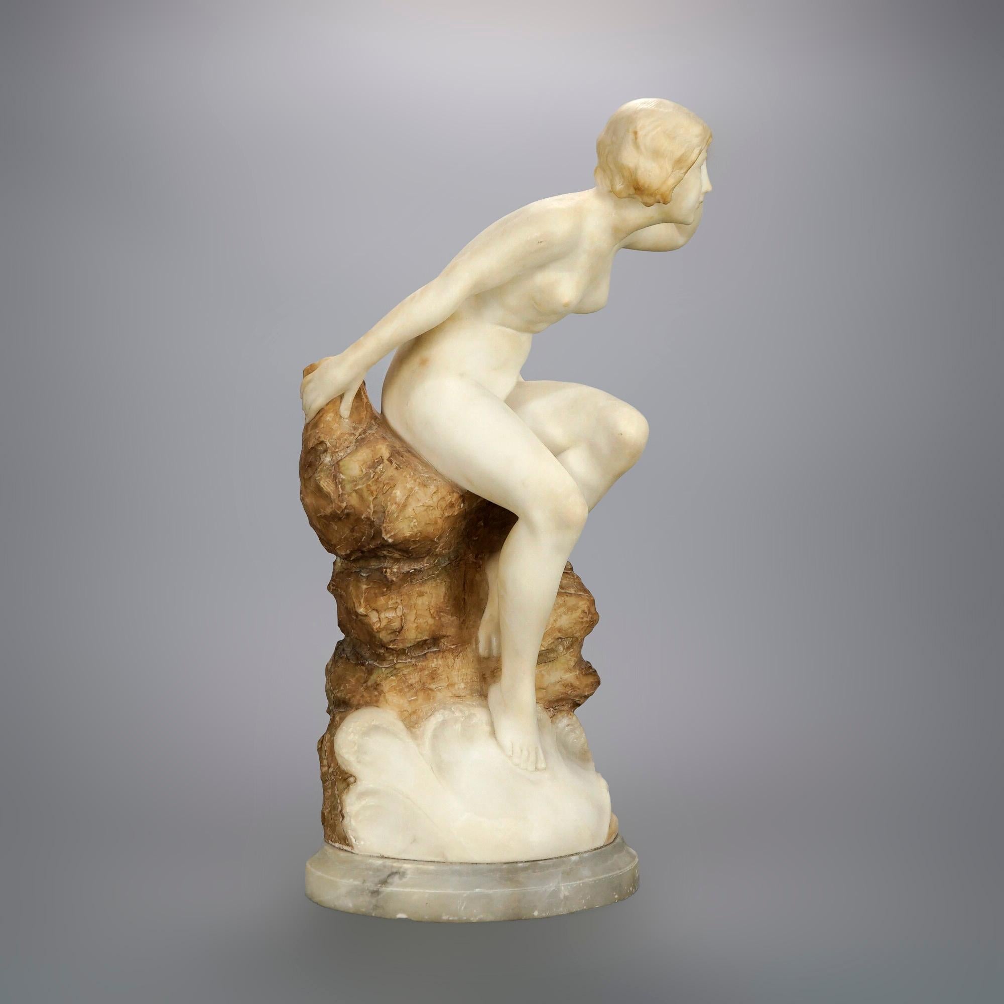 Carved Antique Alabaster Sculpture of a Woman Seaside, Signed A. Del Perugia, c1900