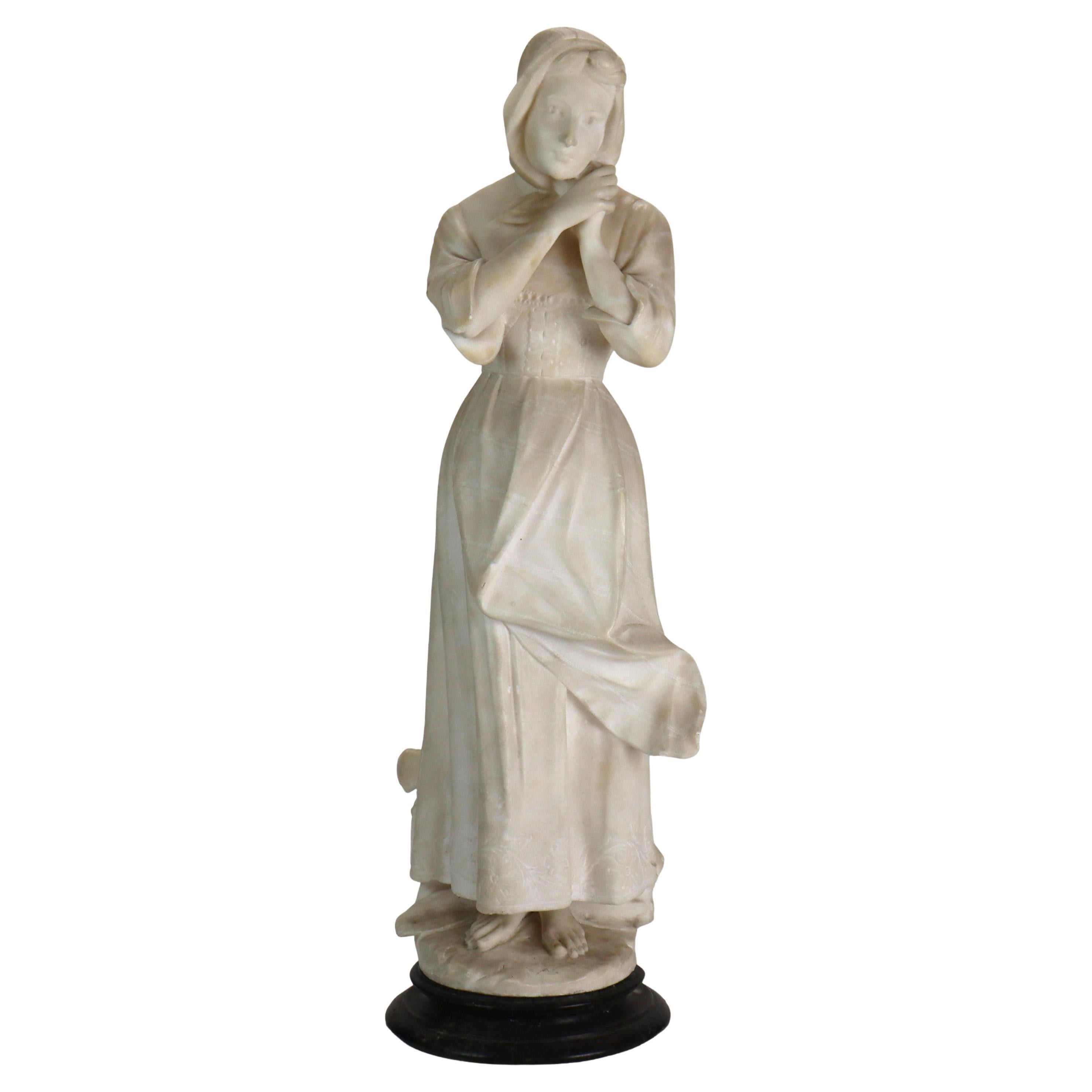 Antique Alabaster Sculpture Of A Woman With Marble Base, Artist Signed, c1890