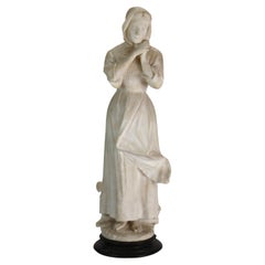 Antique Alabaster Sculpture Of A Woman With Marble Base, Artist Signed, c1890