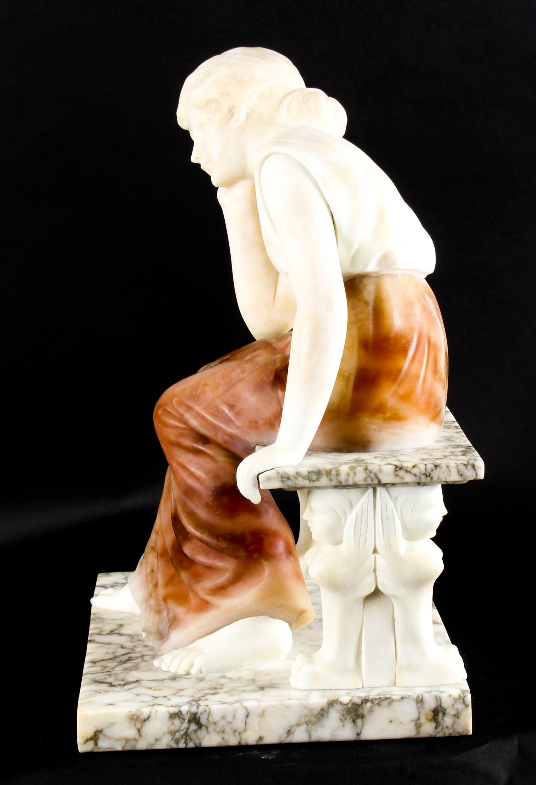 Antique Alabaster Sculpture Wistfulness Young Lady on a Bench, Late 19th Century 7